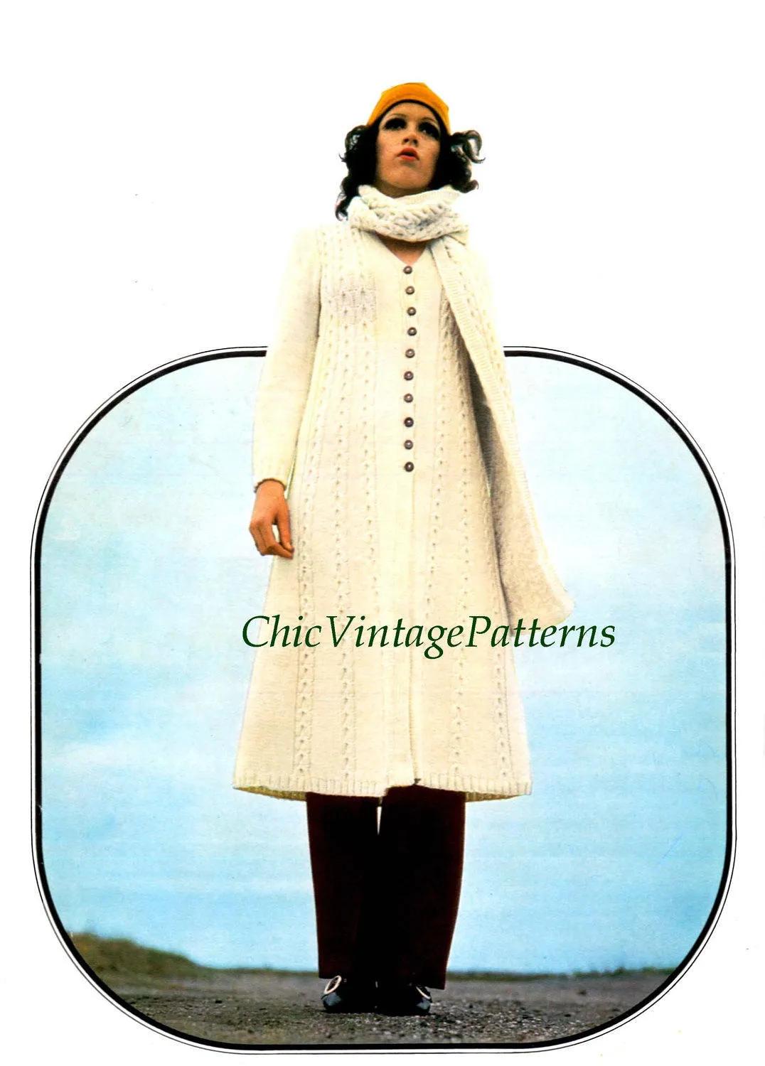 Knitted Coat and Scarf Pattern, Ladies Cabled Coat, Instant Download