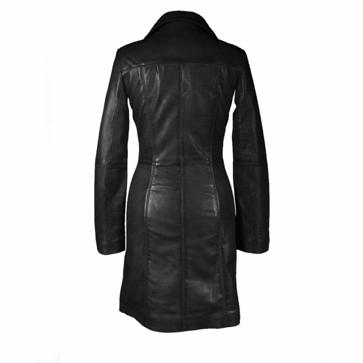 Ladies Black Cow Leather Steampunk Goth Style Trench Coat - T16 - BLK