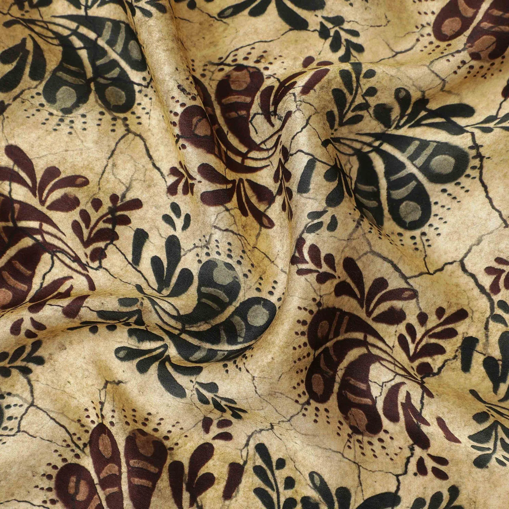 Latte beige premium pure silk satin fabric with multicolor print in paisley design-D13217