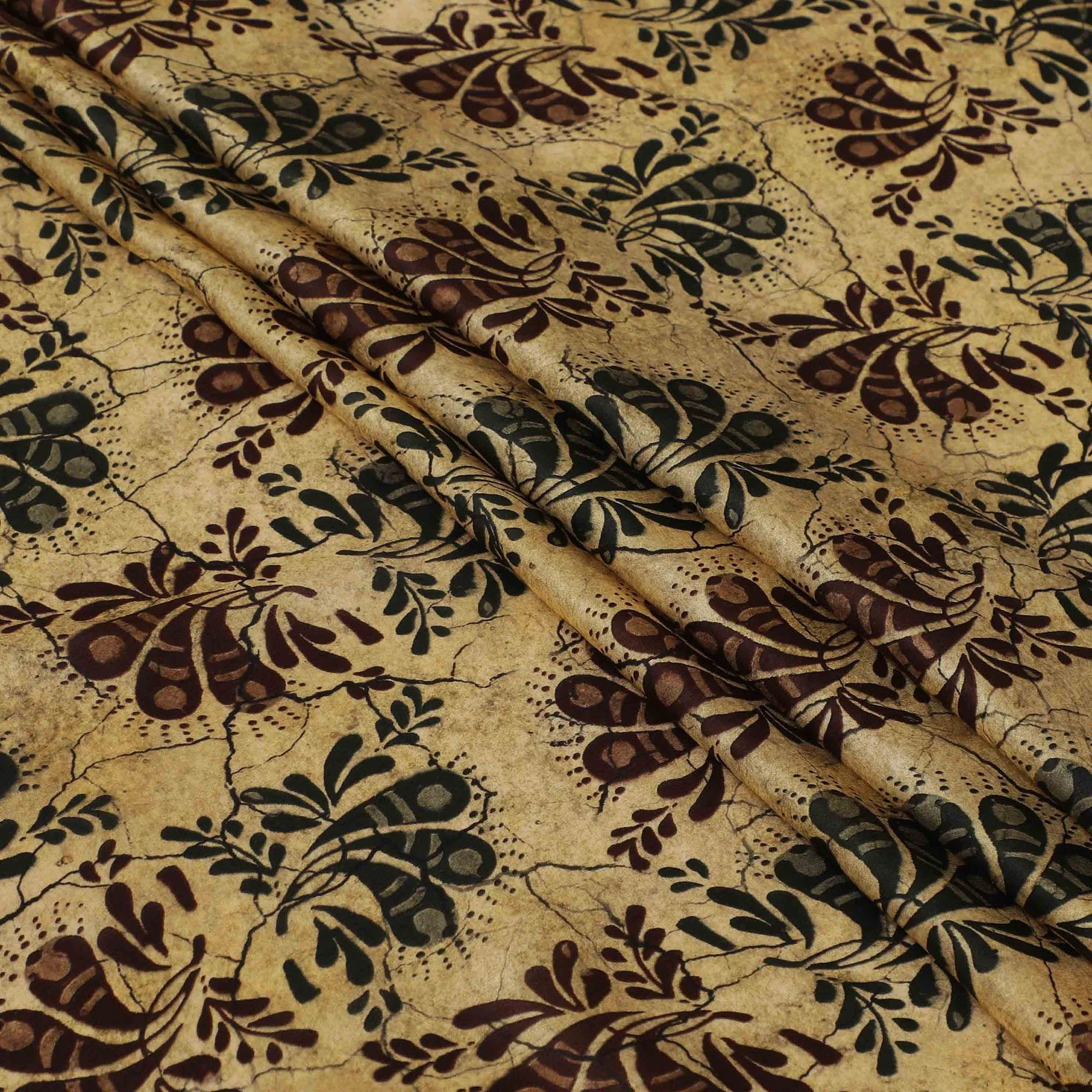 Latte beige premium pure silk satin fabric with multicolor print in paisley design-D13217