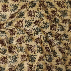 Latte beige premium pure silk satin fabric with multicolor print in paisley design-D13217