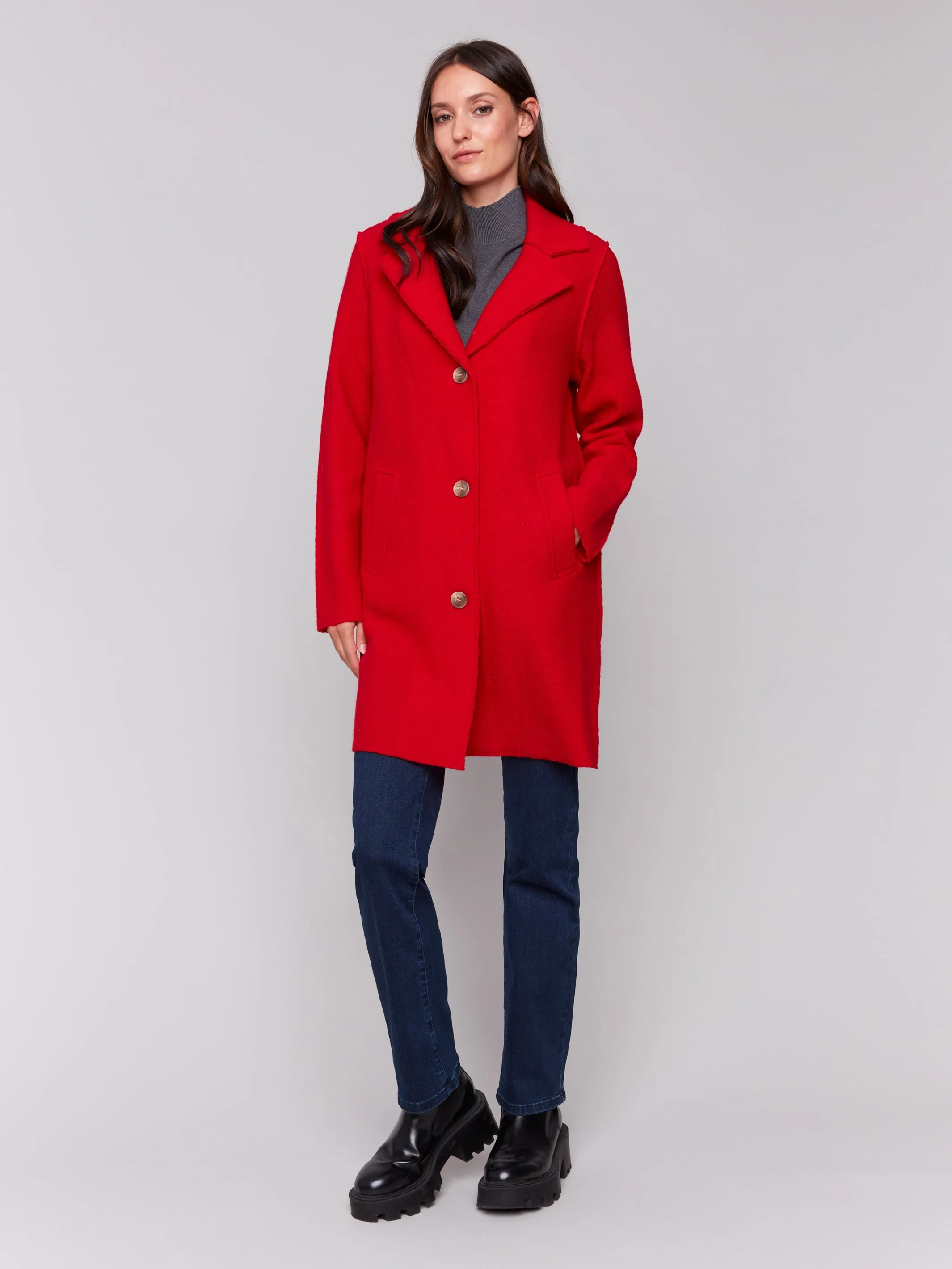 Long Boiled Wool Coat - Cranberry