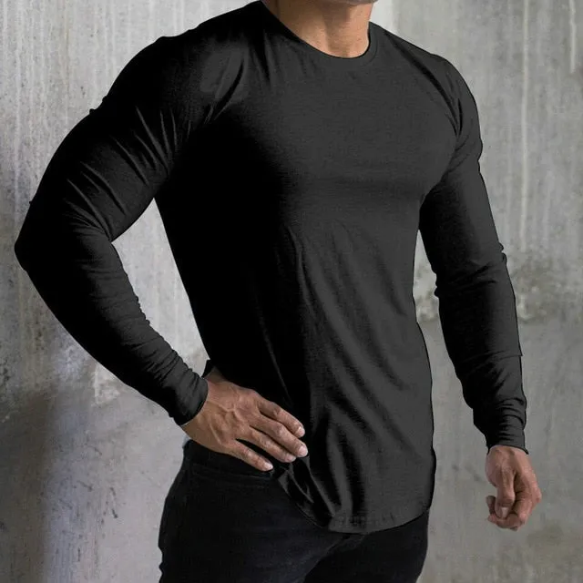 Long Sleeve Tshirt Men Solid Color Cotton T-shirt Bodybuilding Underwear Shirts Spring Jogger Sports Muscle Exercise 3XL