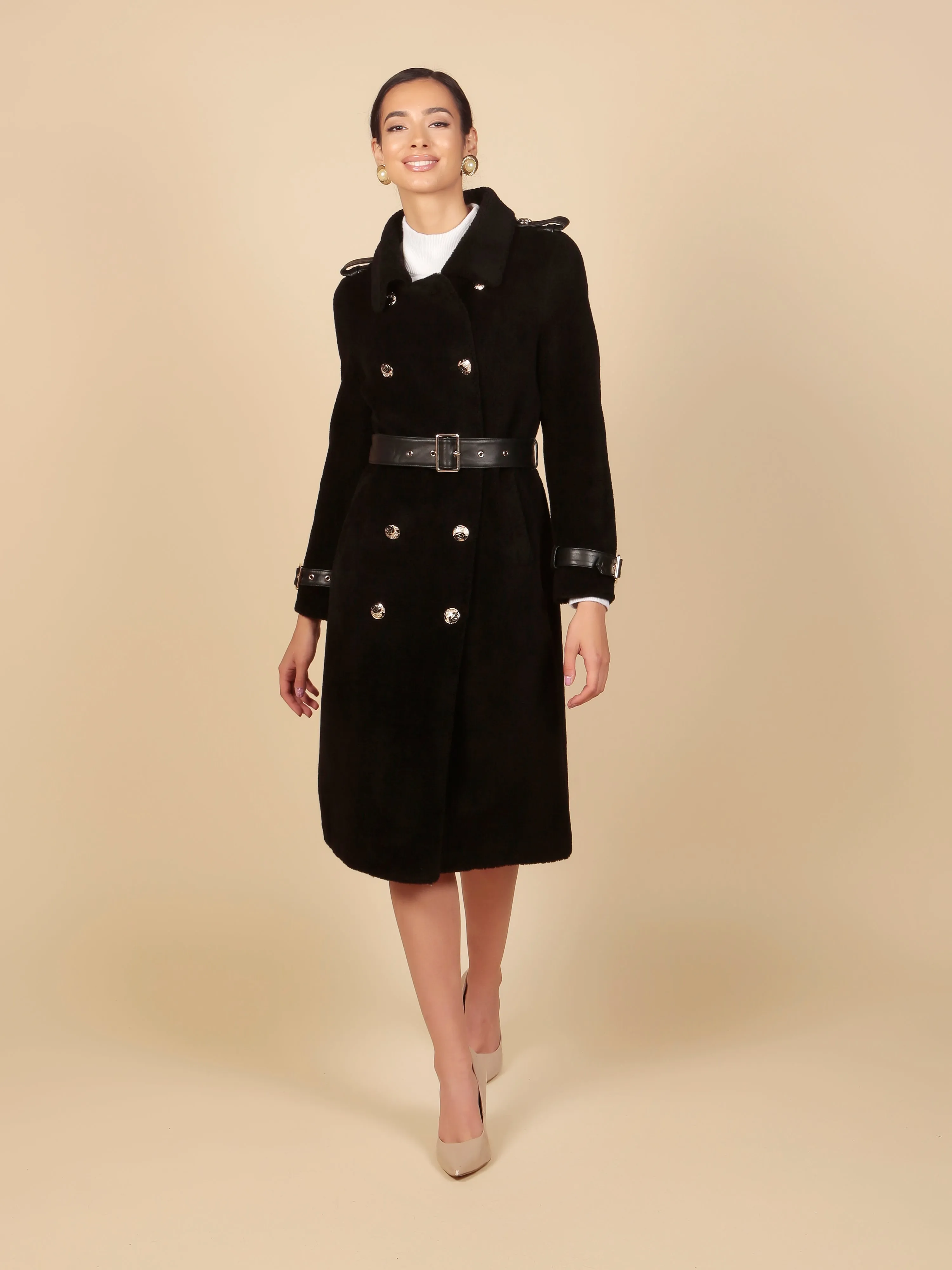 'Loren' Wool Trench Coat in Nero