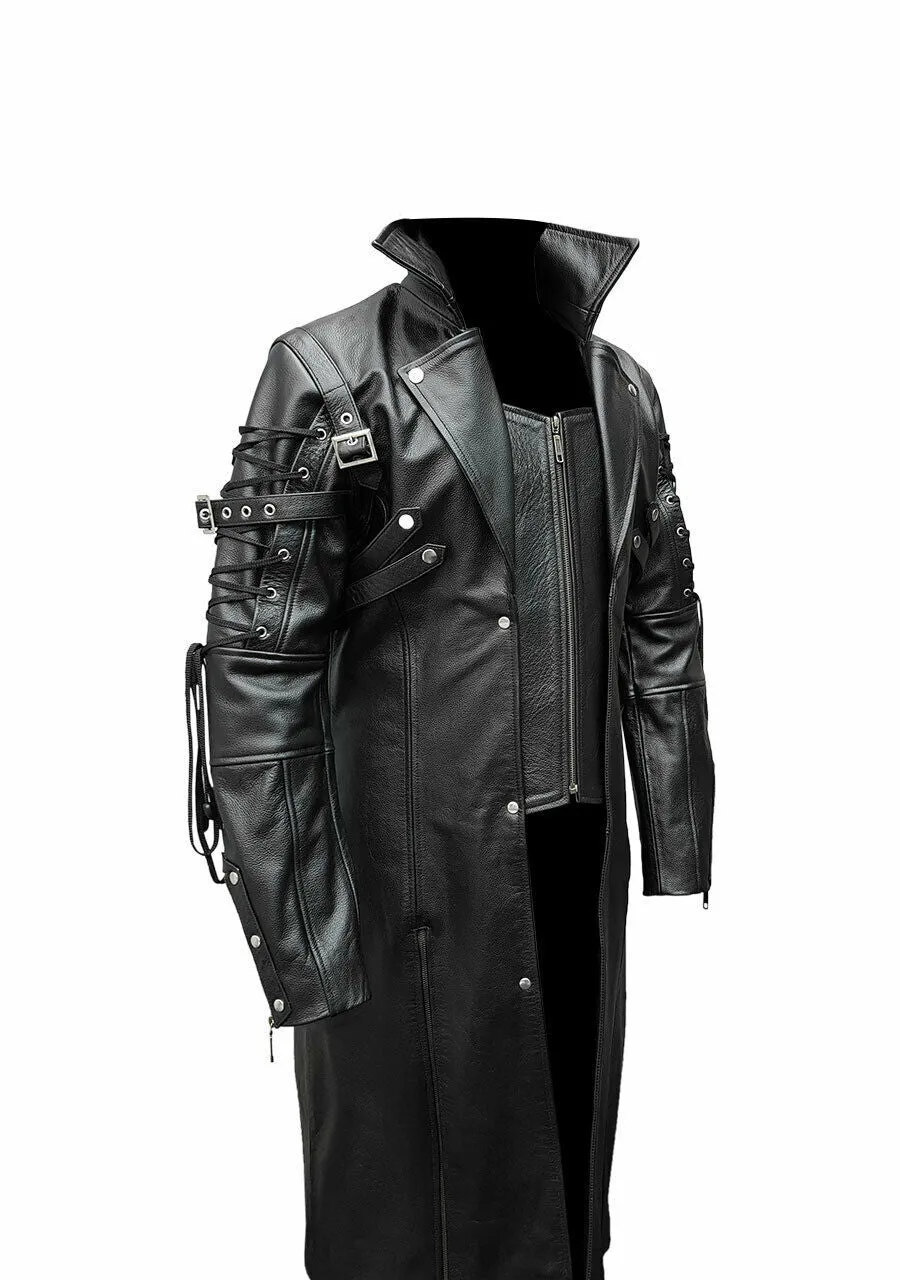 Men Black Leather Goth Matrix Trench Coat Steampunk Gothic - T18