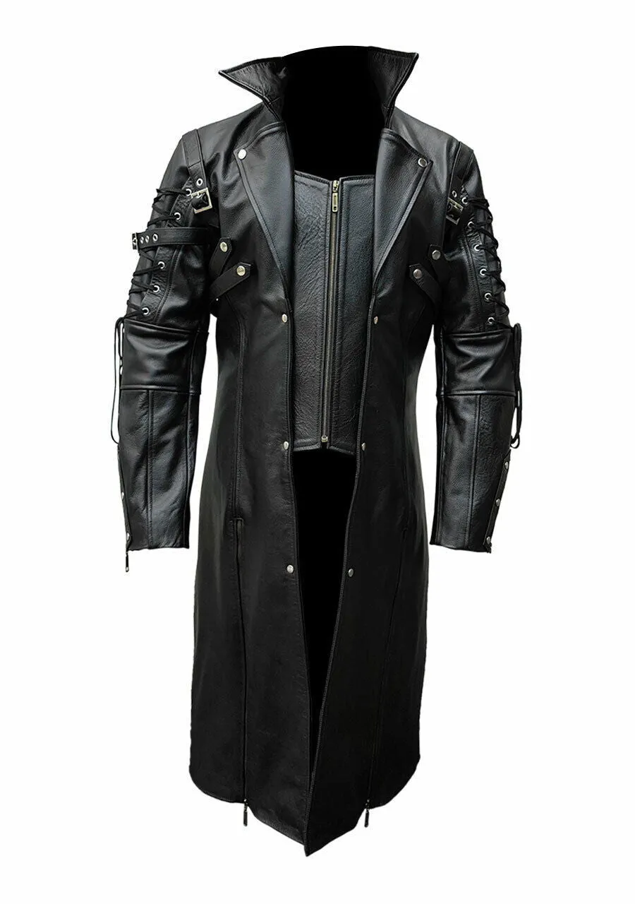 Men Black Leather Goth Matrix Trench Coat Steampunk Gothic - T18