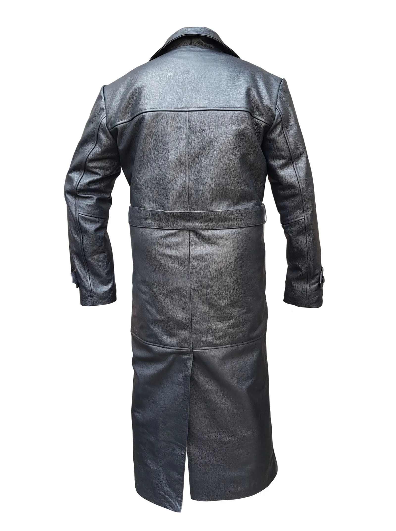 Mens Black Leather Trench Coat Full Length Double Breast Jacket For Mens - T2