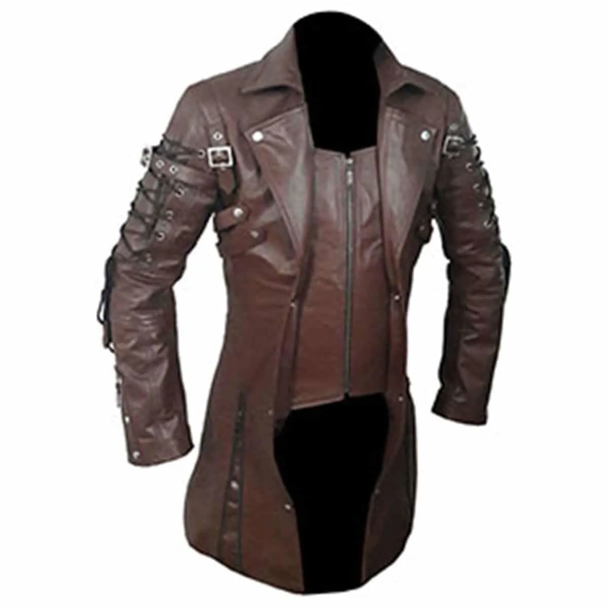 Mens Brown Leather Goth Matrix Trench Coat Steampunk Gothic - T18-BRW