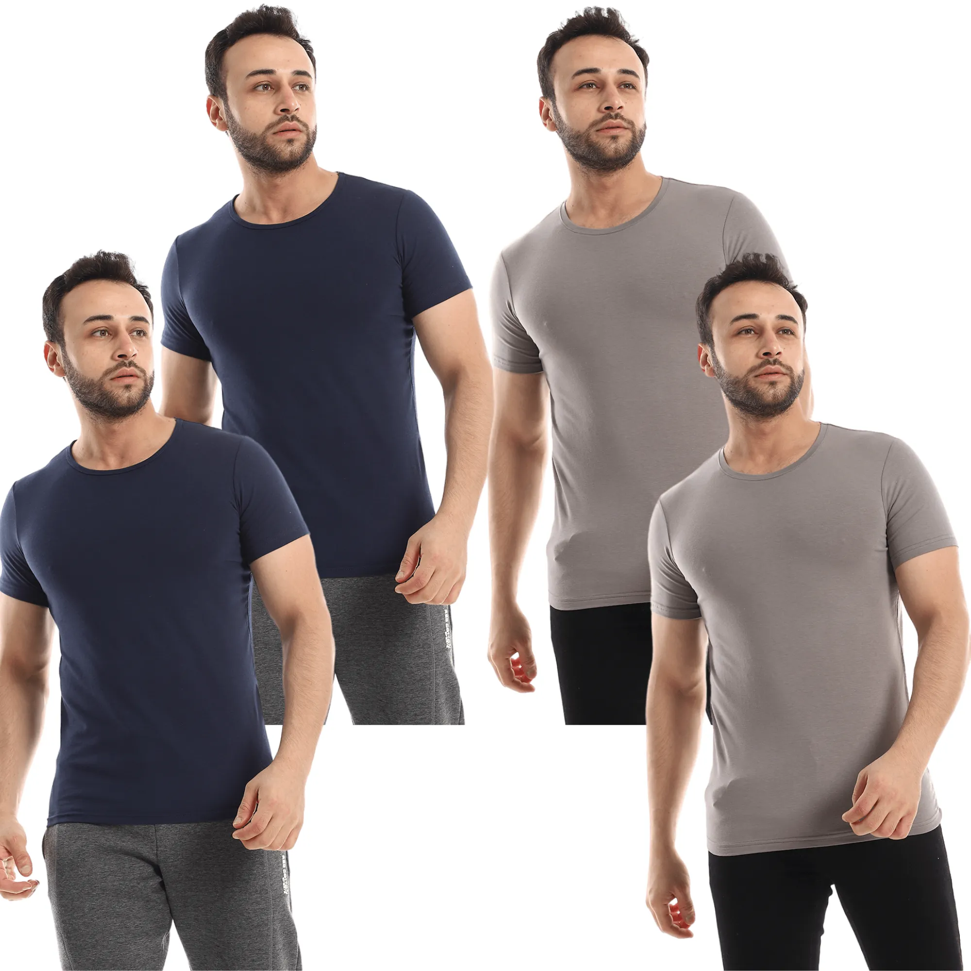 Men's Half-Sleeved T-Shirt Round Neck, 4 Set - 2 Gray, 2 Navy