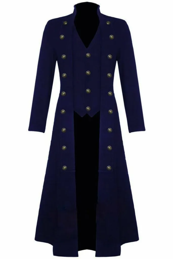 Men's Steampunk Clothing Military Trench Long Coat Cosplay Jacket Blue Gothic Dress VTG