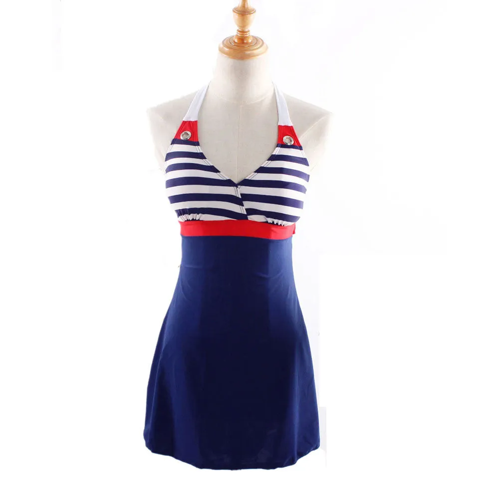 New Sexy Stripe Plus Size Padded Navy Blue Halter Skirt Swimwear Women One Piece Swimsuit Beachwear Bathing Suit