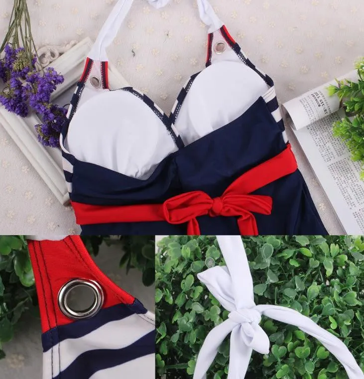 New Sexy Stripe Plus Size Padded Navy Blue Halter Skirt Swimwear Women One Piece Swimsuit Beachwear Bathing Suit