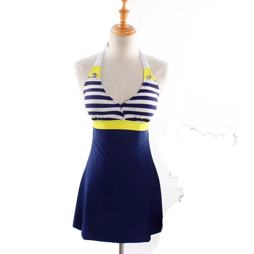 New Sexy Stripe Plus Size Padded Navy Blue Halter Skirt Swimwear Women One Piece Swimsuit Beachwear Bathing Suit