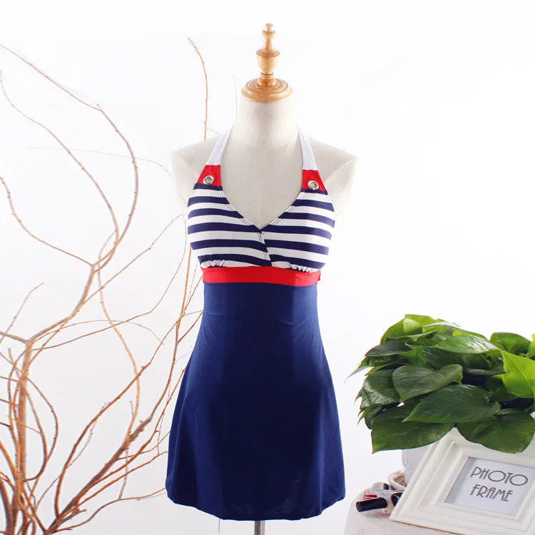 New Sexy Stripe Plus Size Padded Navy Blue Halter Skirt Swimwear Women One Piece Swimsuit Beachwear Bathing Suit