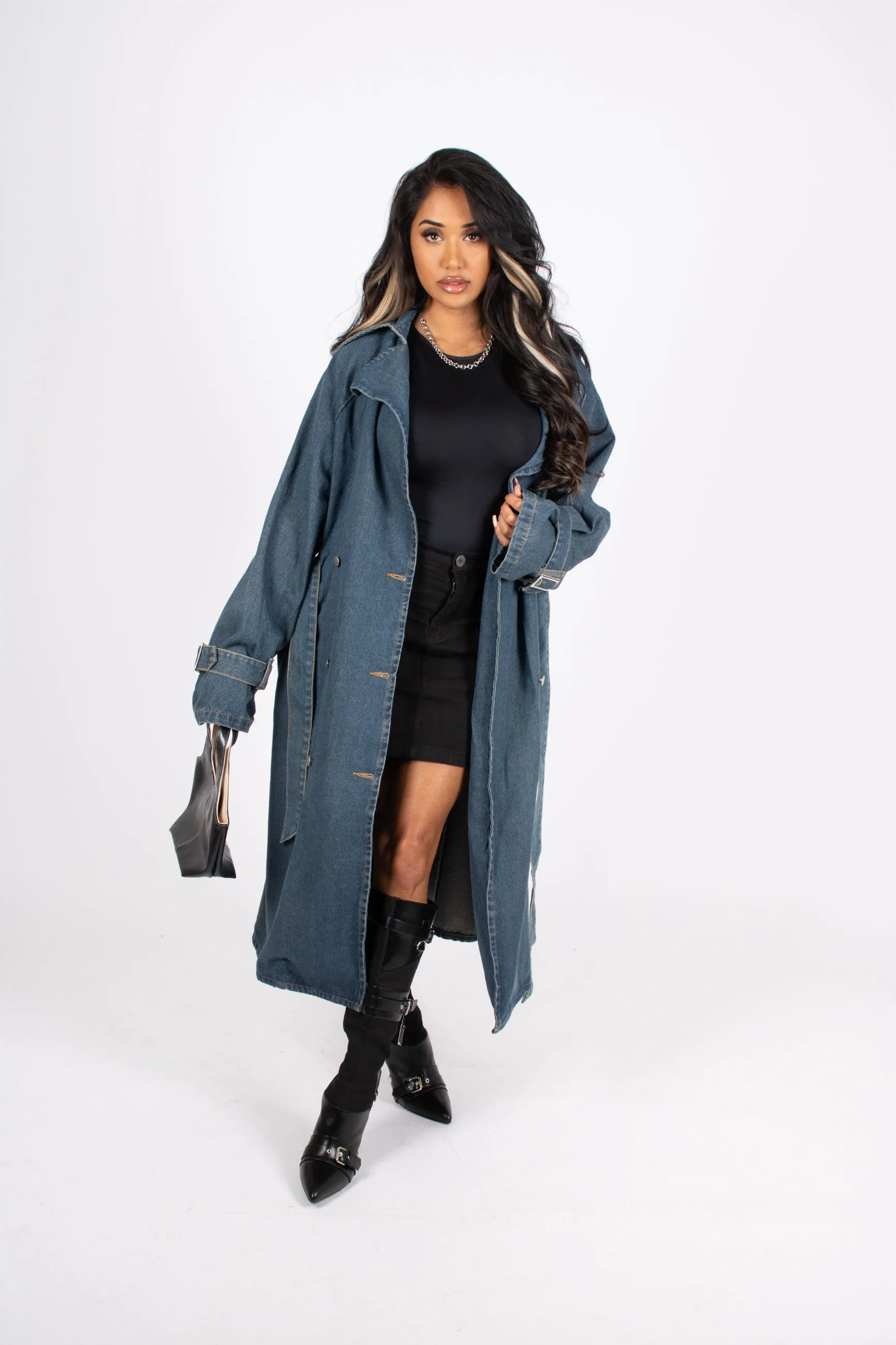 Oversized Denim Trench Tie Waist