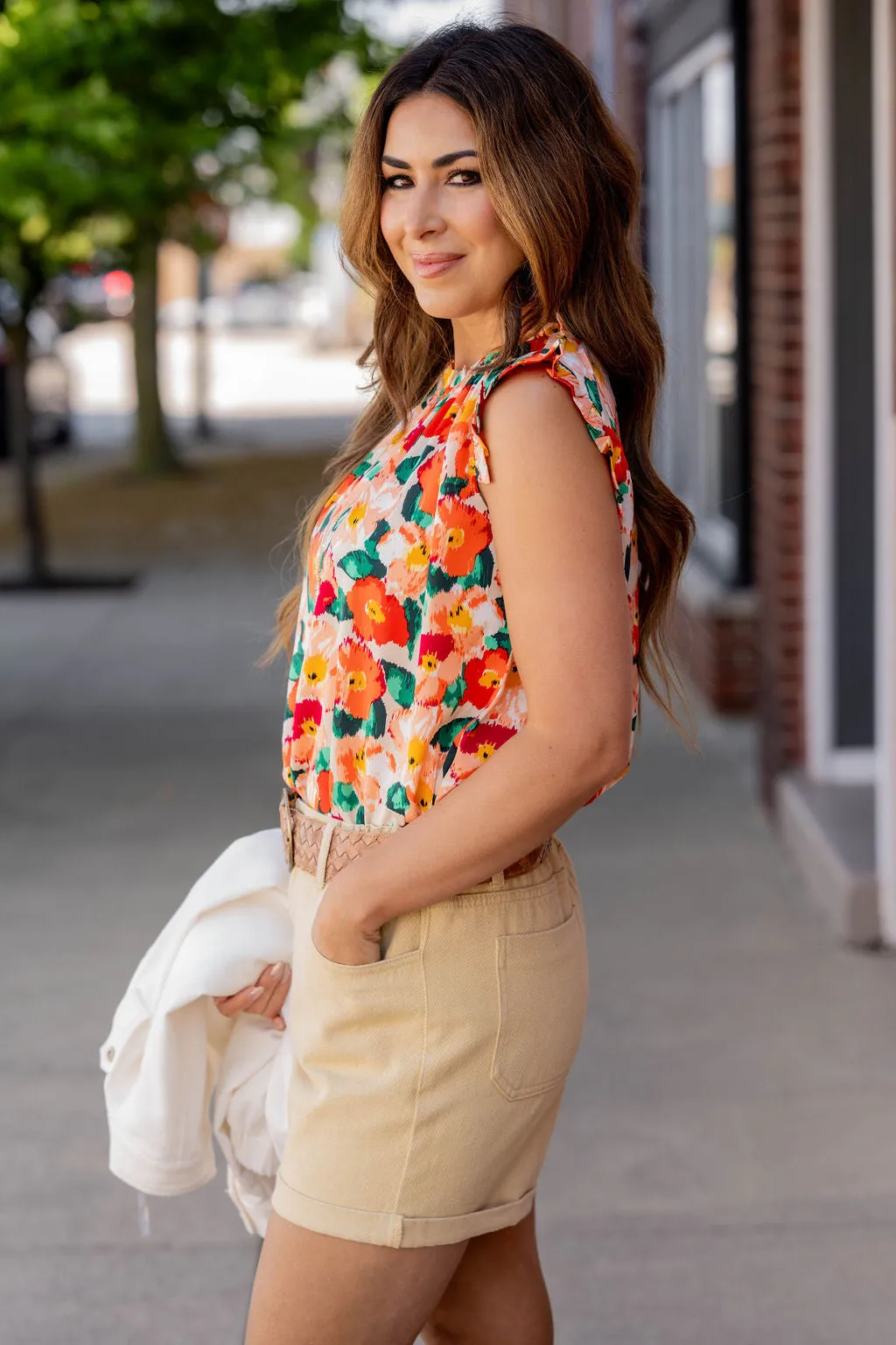 Painted Floral Cinched Trim Tank