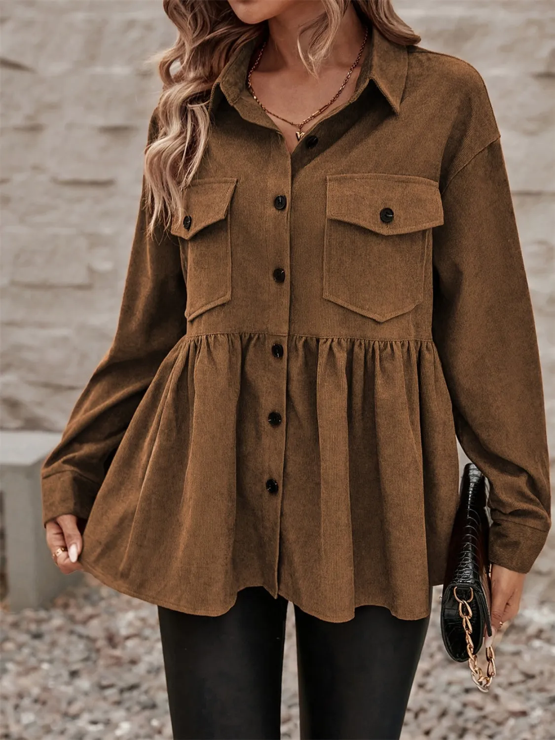 Peplum Collared Neck Long Sleeve Shacket