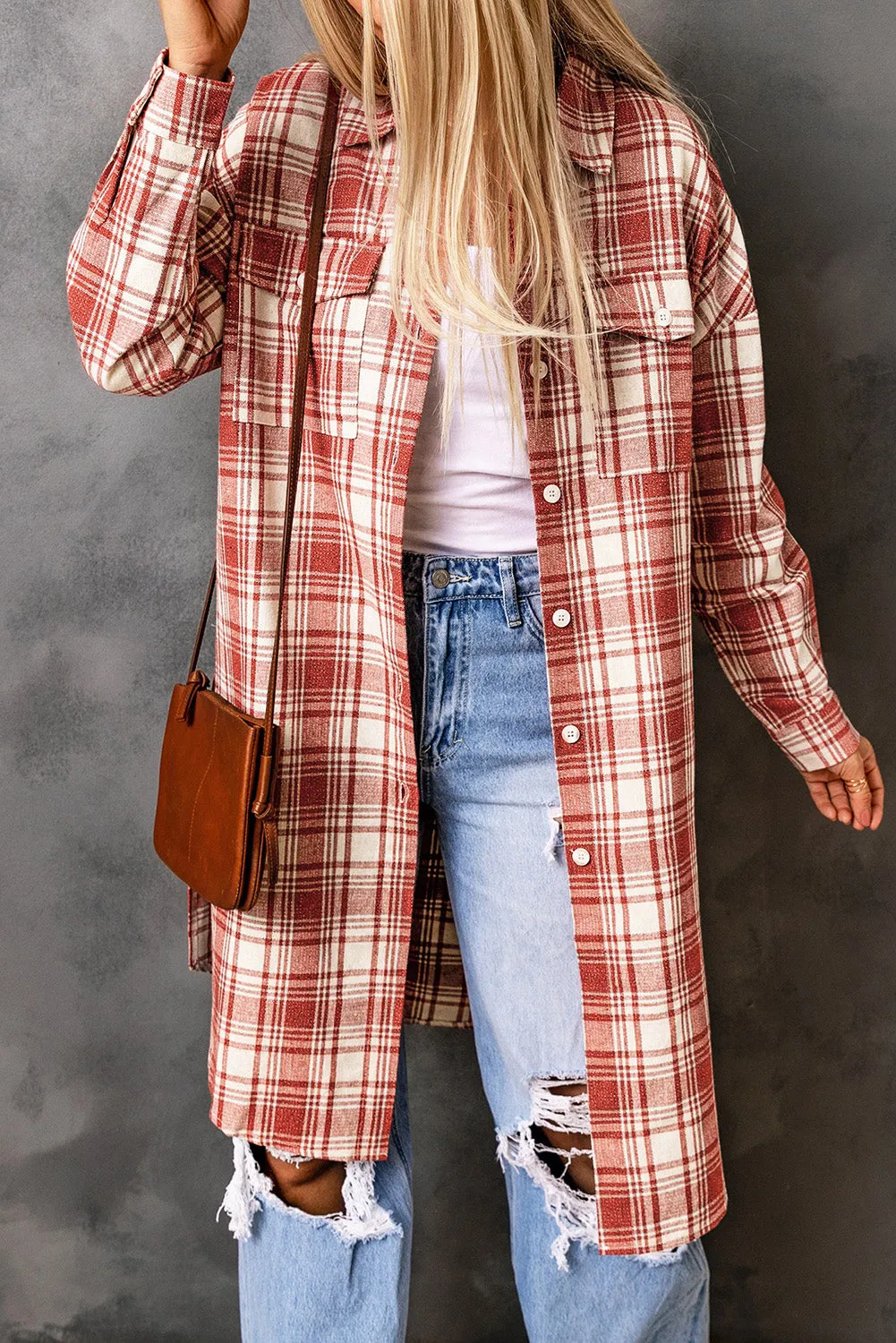 Plaid Button-Up Longline Shacket with Breast Pockets