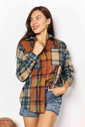 Plaid Print Curved Hem Shacket with Breast Pockets