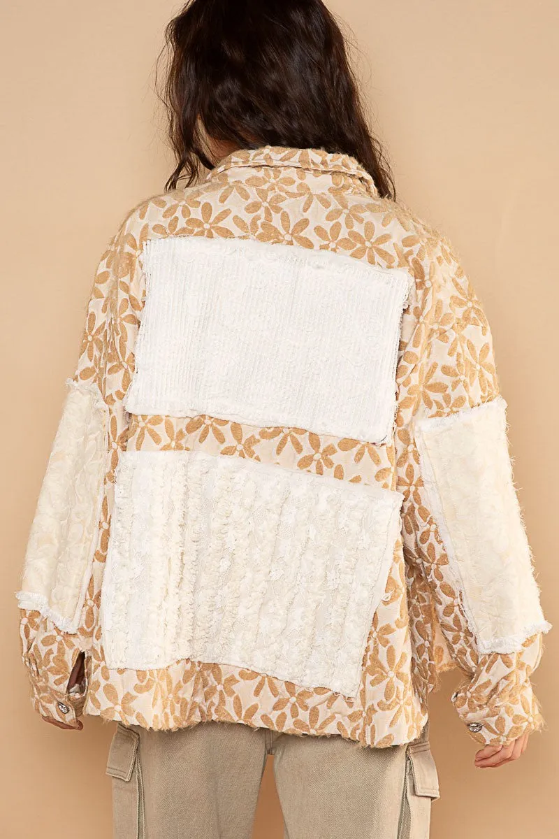 POL Floral Pattern Panel Jacquard Shacket in Latte Multi