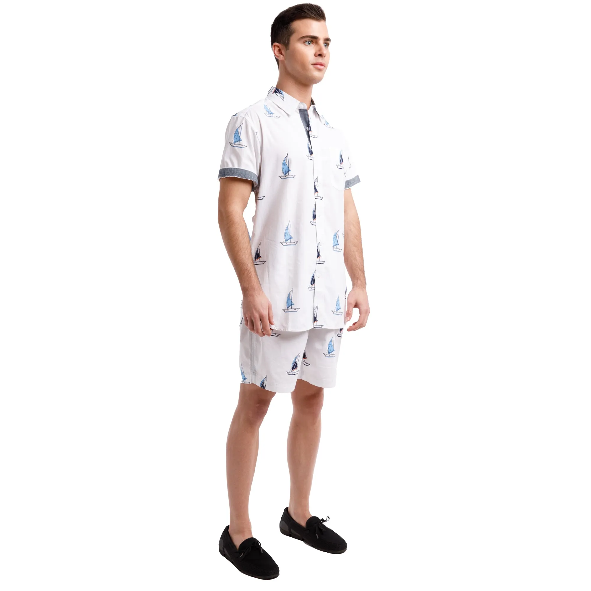 Printed Poplin Short Sleeve Button Up Shirt | Sailboats