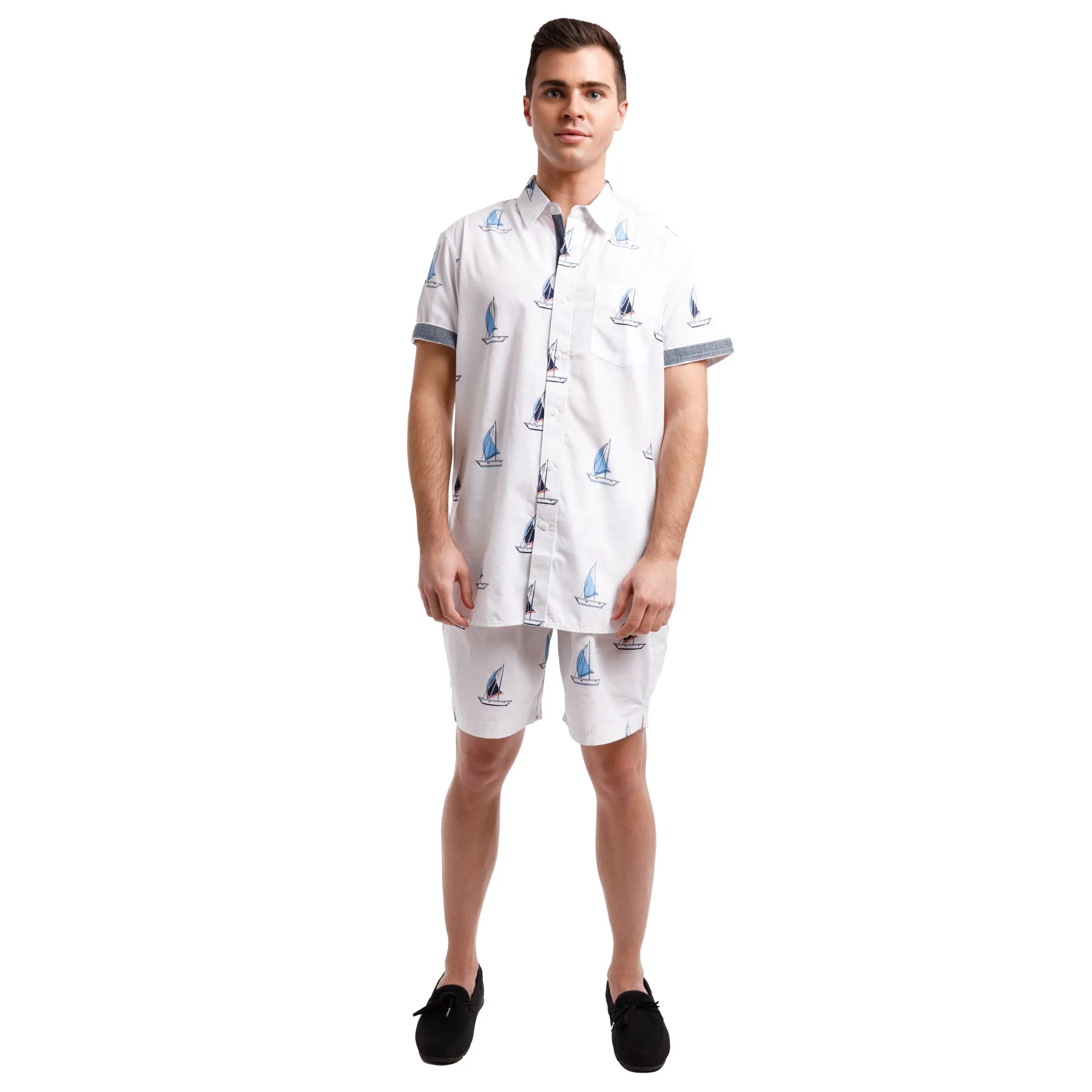 Printed Poplin Short Sleeve Button Up Shirt | Sailboats