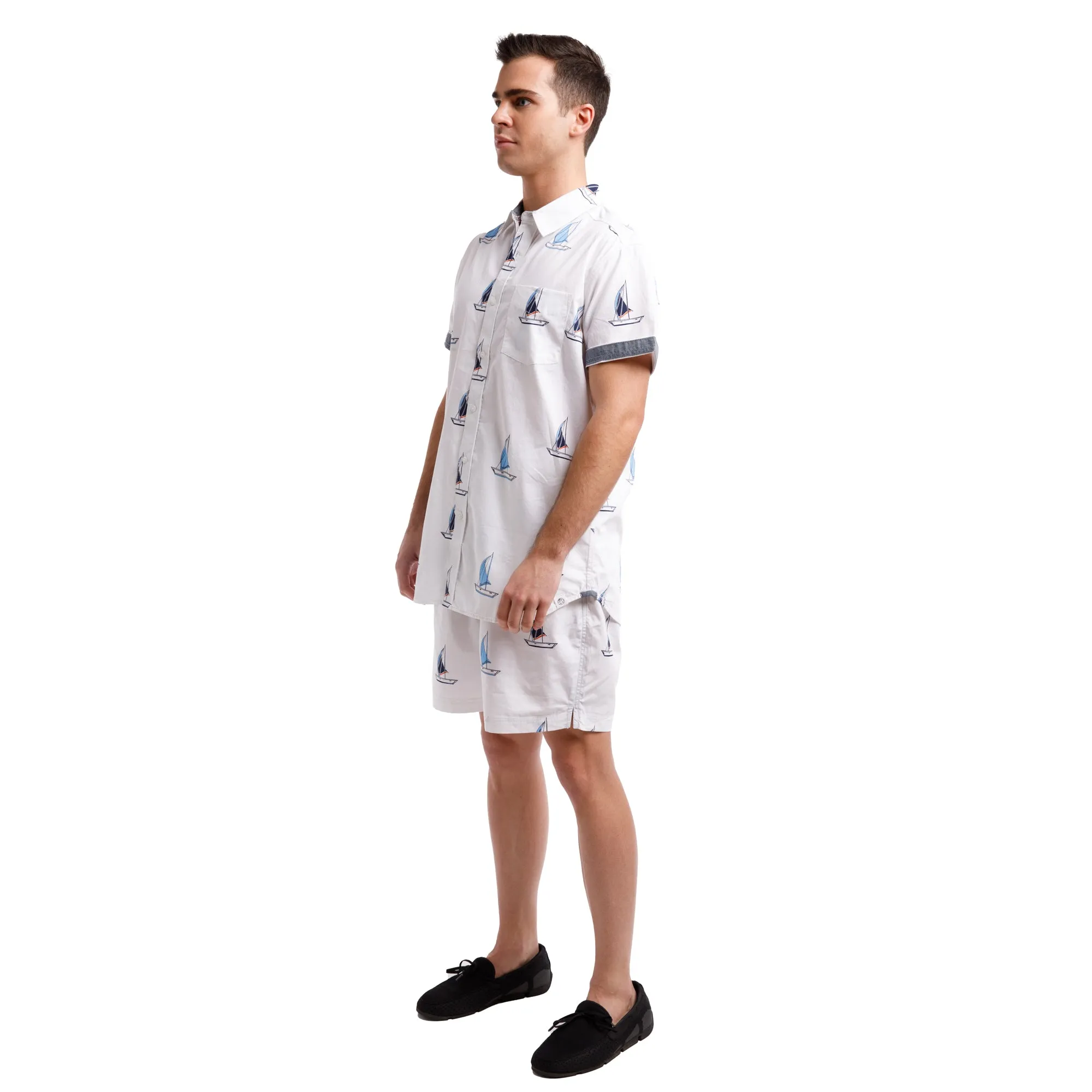 Printed Poplin Short Sleeve Button Up Shirt | Sailboats