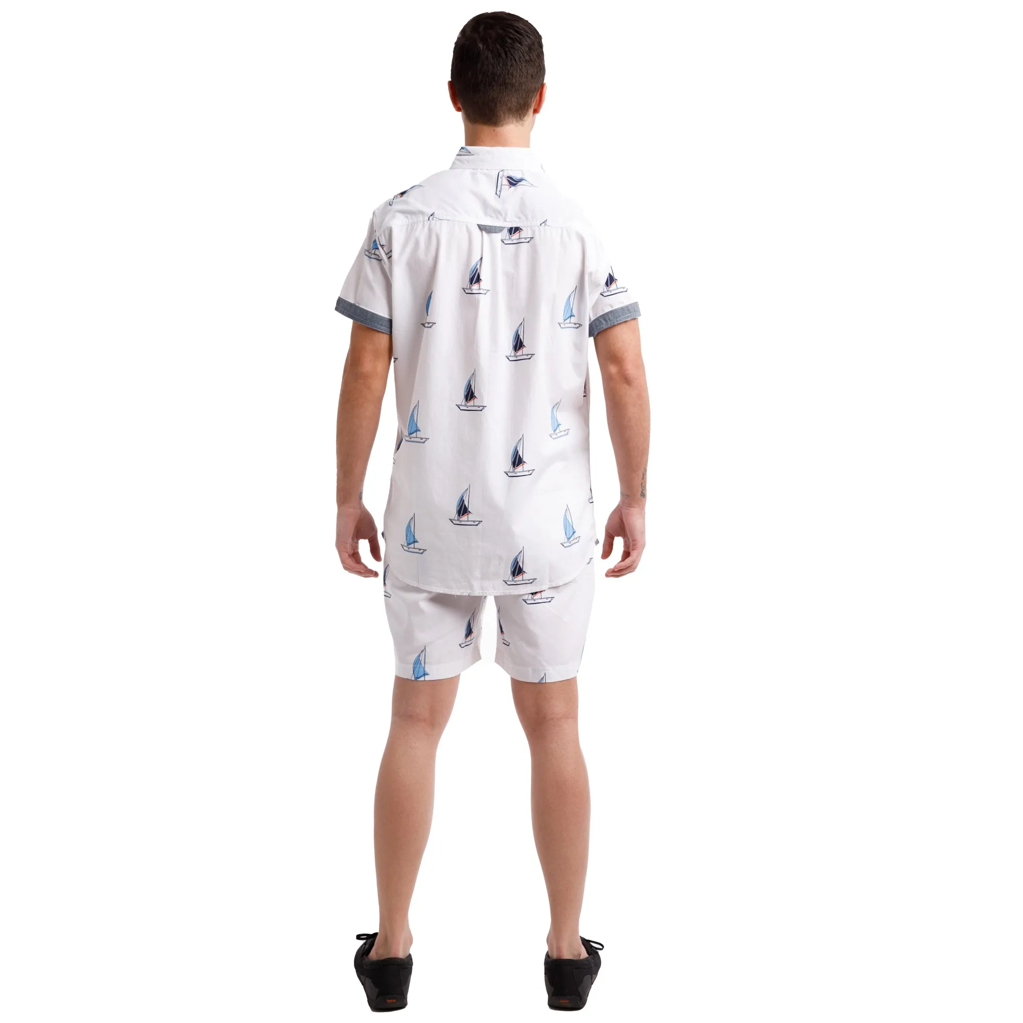 Printed Poplin Short Sleeve Button Up Shirt | Sailboats