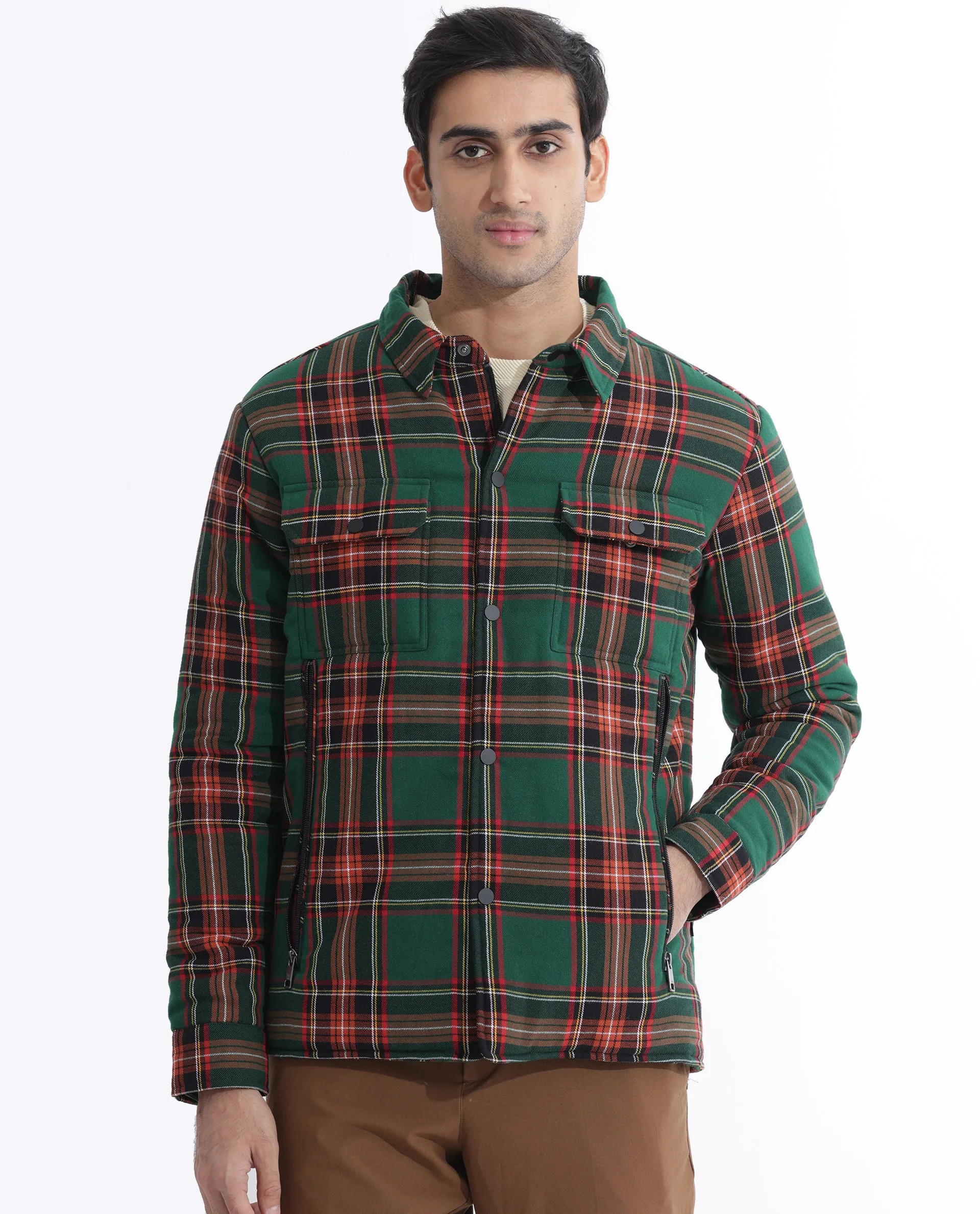 Rare Rabbit Men's Hollis Green Regular Collar Checks Shacket