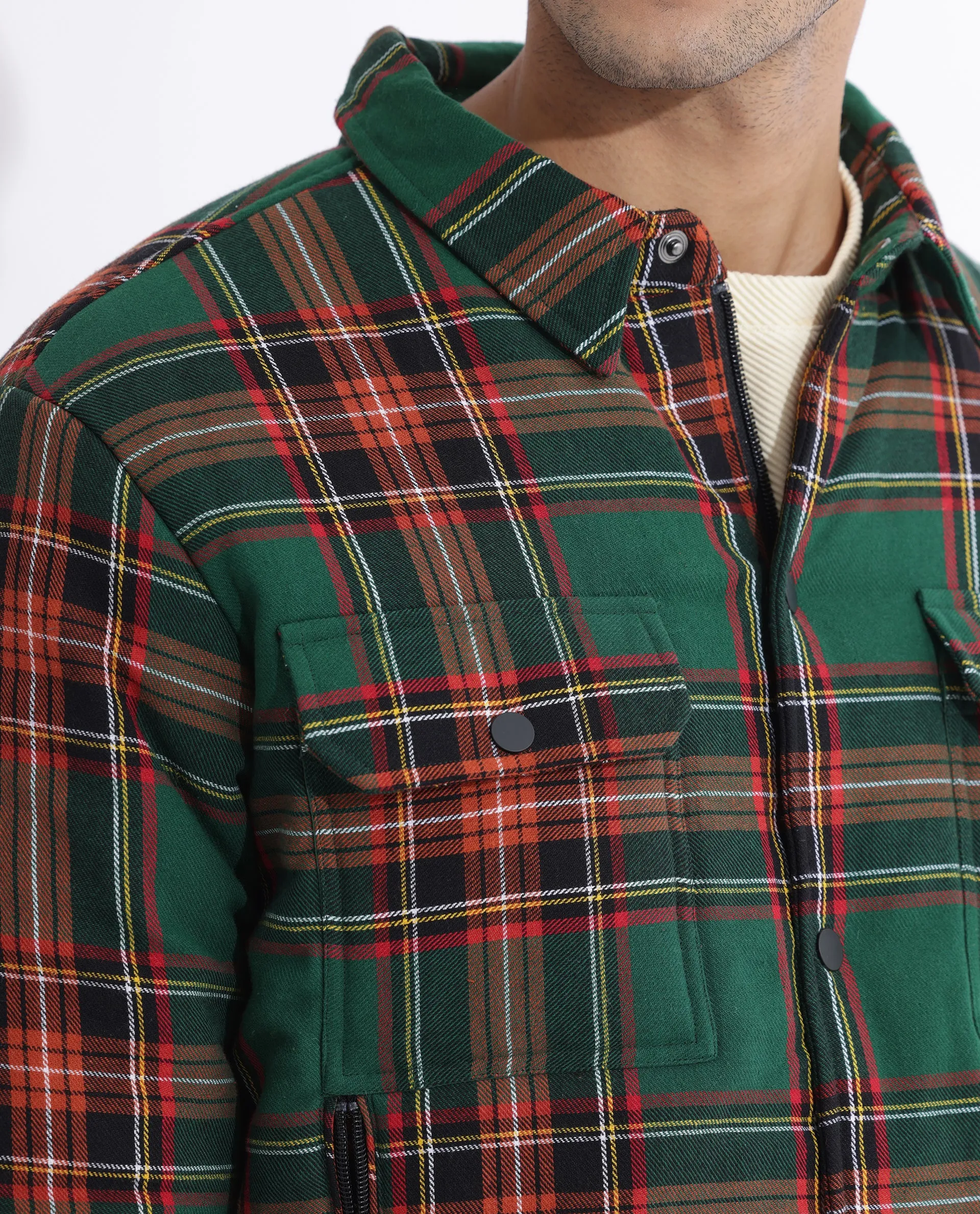 Rare Rabbit Men's Hollis Green Regular Collar Checks Shacket