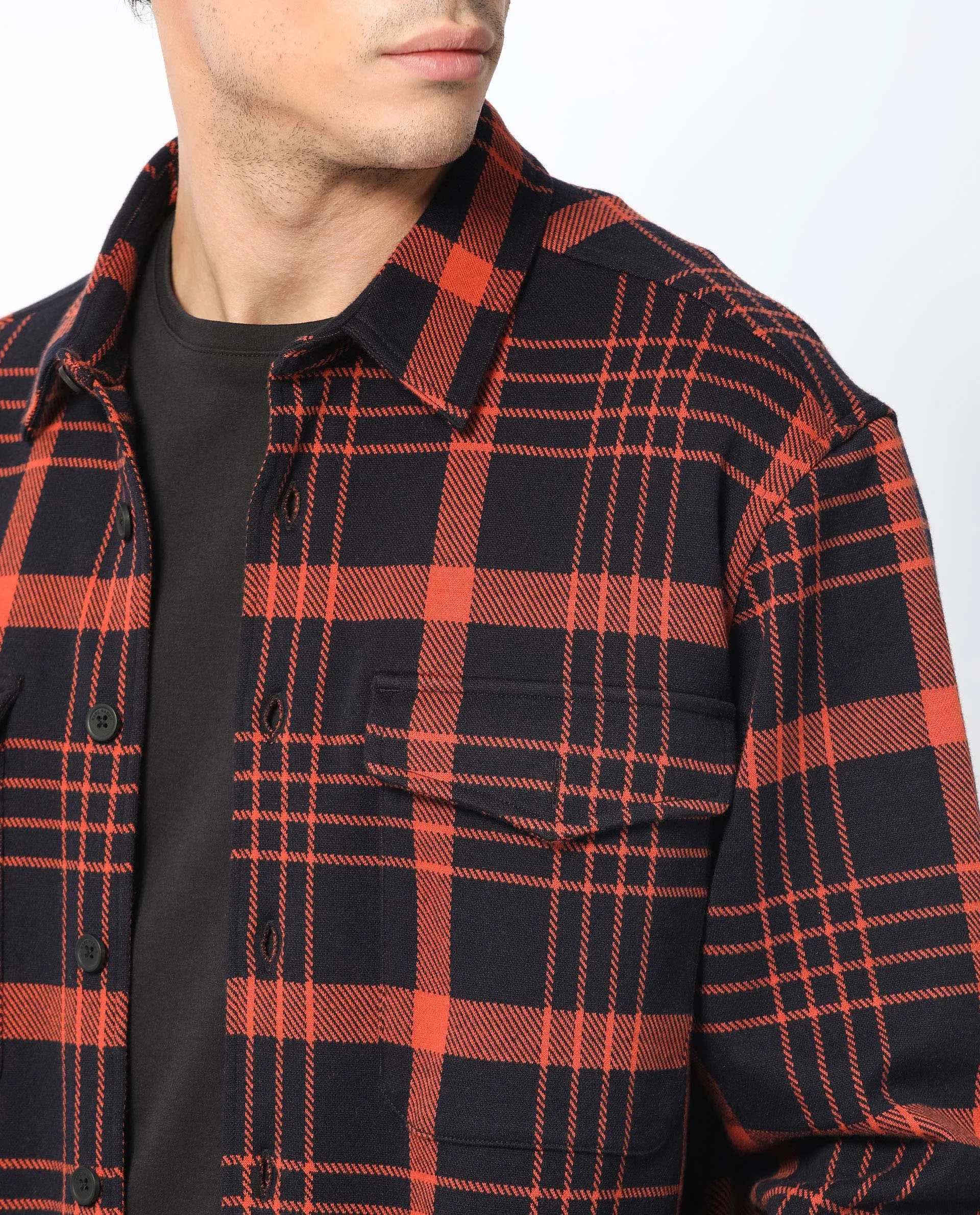 Rare Rabbit Men's Vega Black Cotton Polyester Fabric Full Sleeves Button Closure Checks Shacket