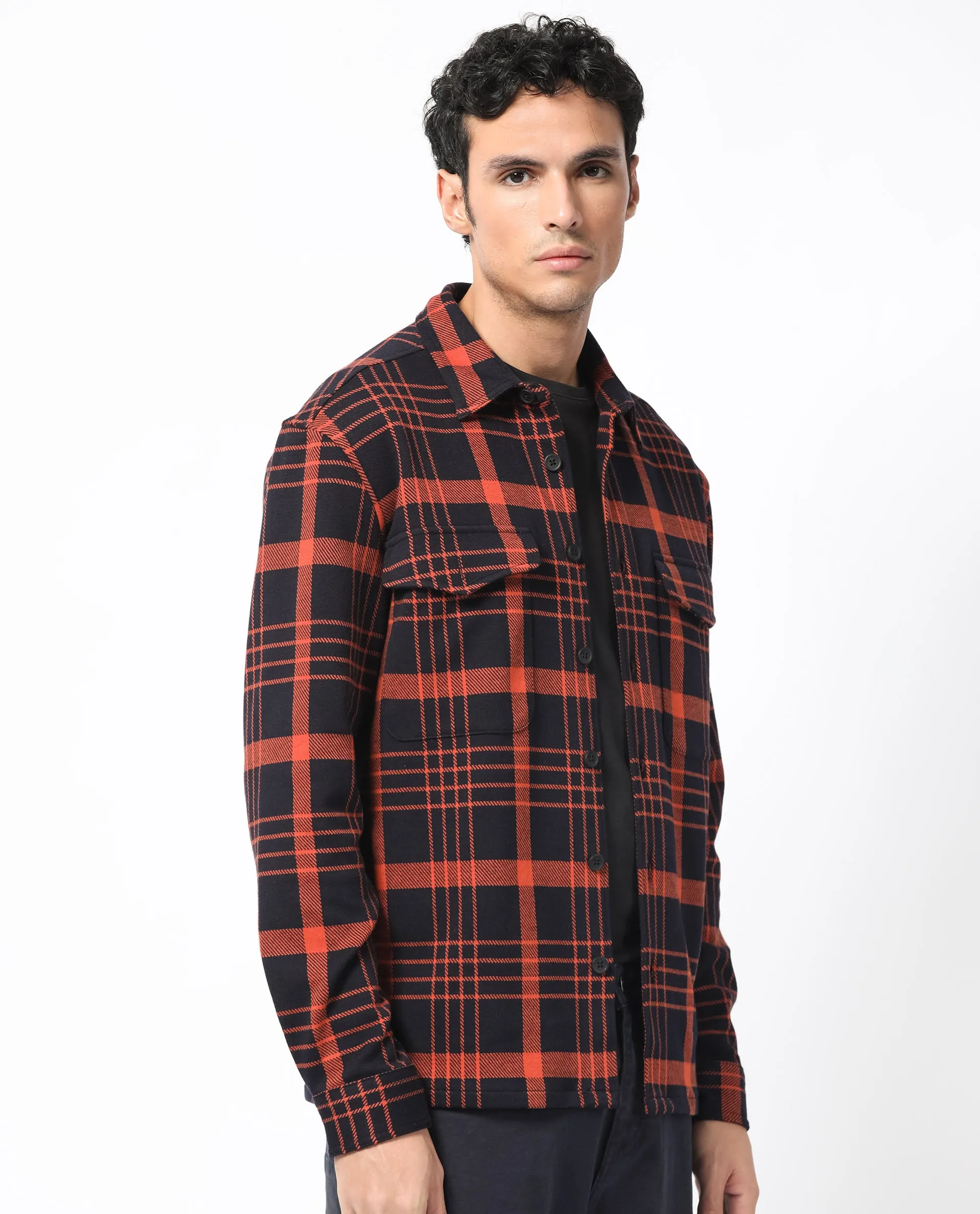 Rare Rabbit Men's Vega Black Cotton Polyester Fabric Full Sleeves Button Closure Checks Shacket