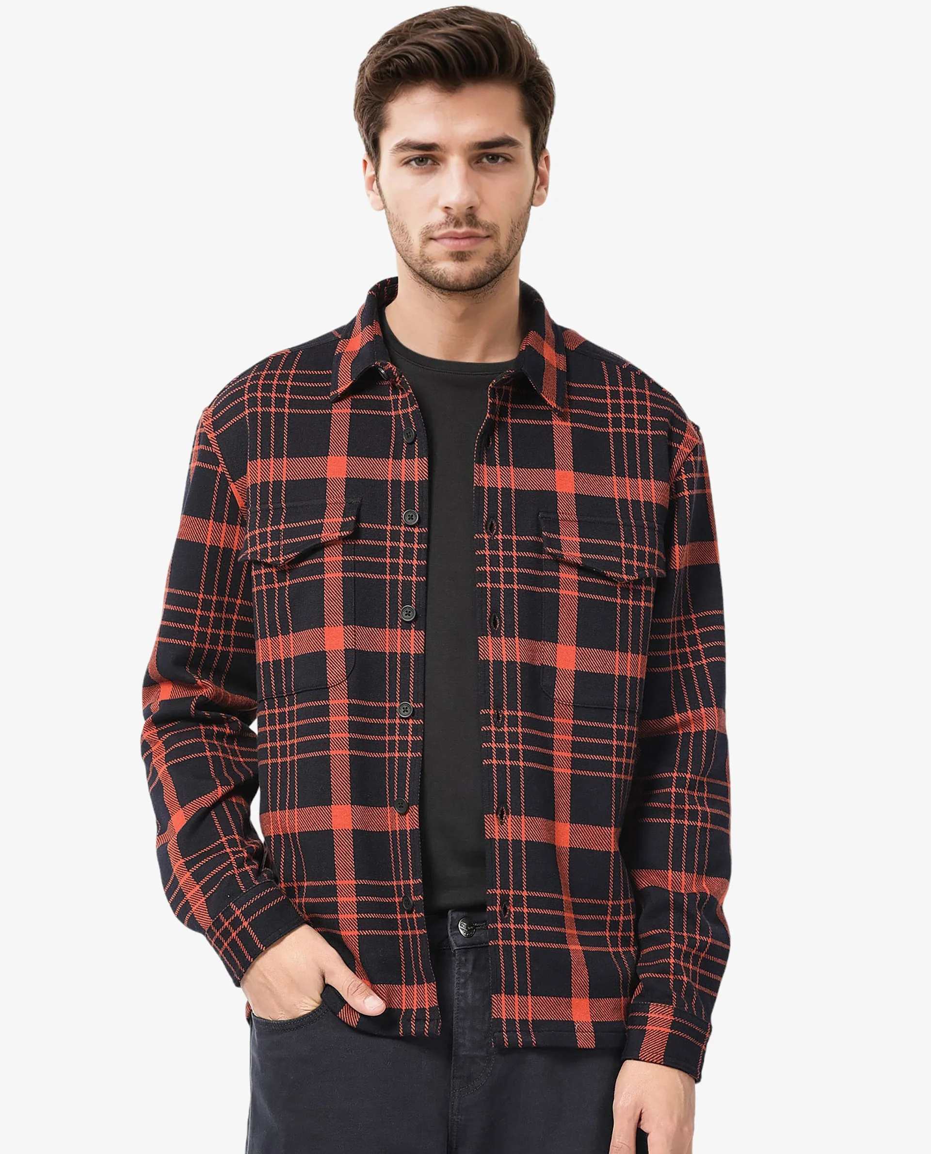 Rare Rabbit Men's Vega Black Cotton Polyester Fabric Full Sleeves Button Closure Checks Shacket