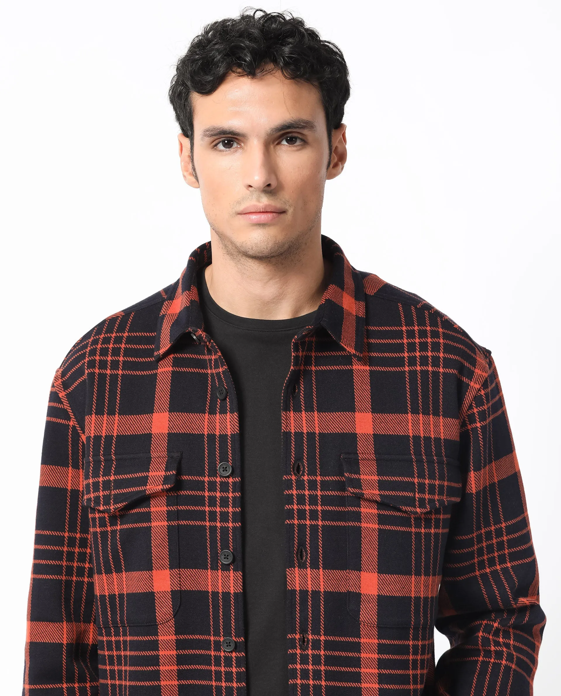 Rare Rabbit Men's Vega Black Cotton Polyester Fabric Full Sleeves Button Closure Checks Shacket