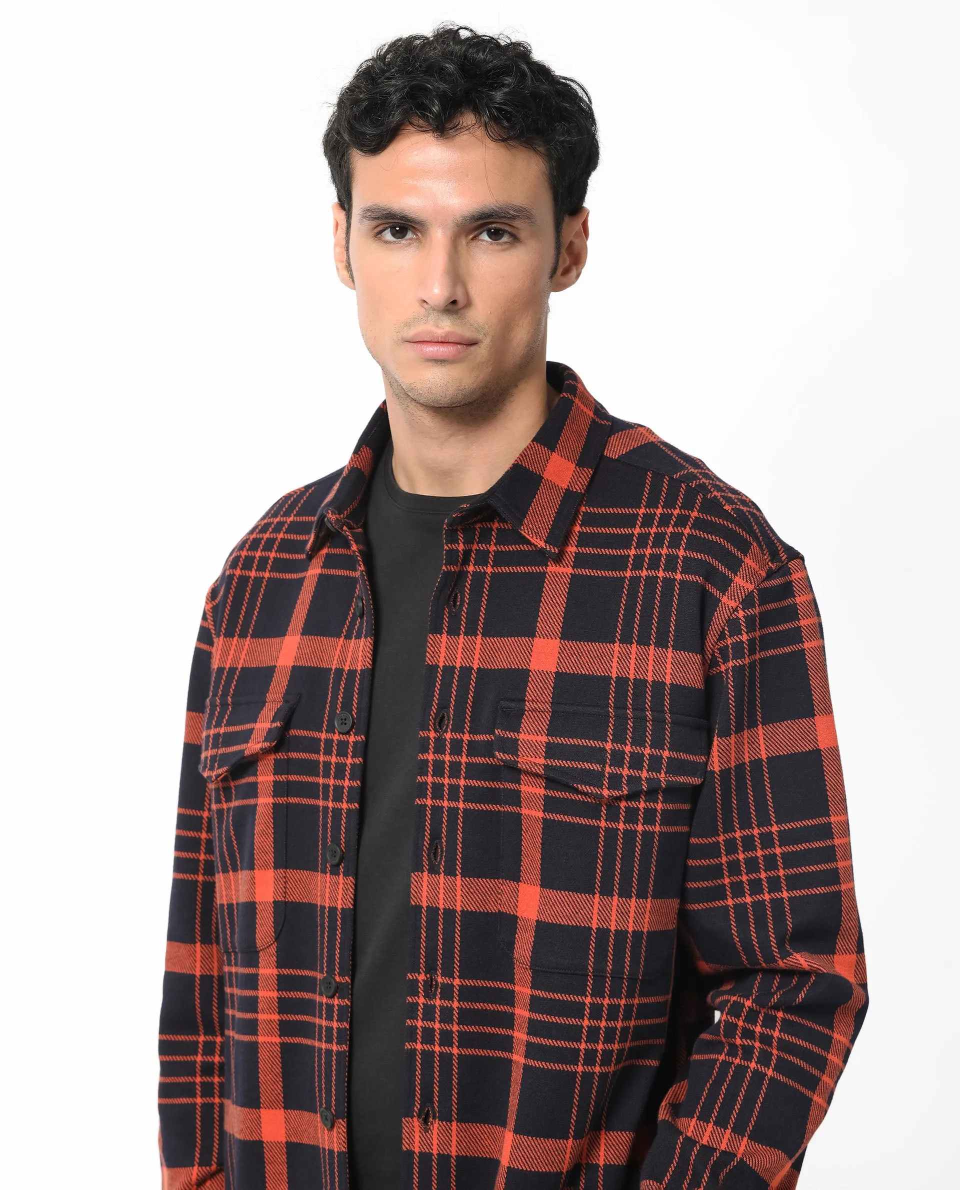 Rare Rabbit Men's Vega Black Cotton Polyester Fabric Full Sleeves Button Closure Checks Shacket