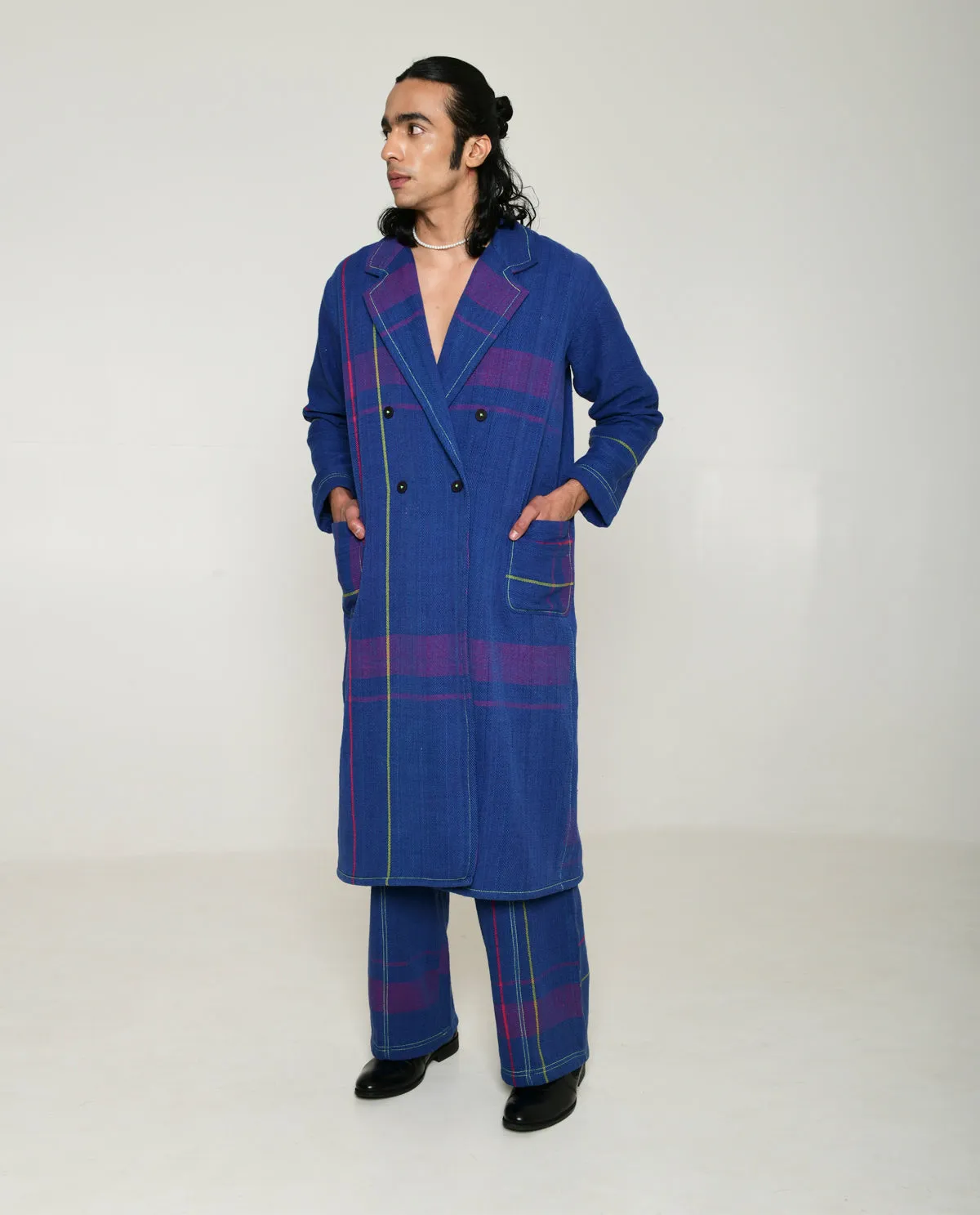 Recycled Blue Striped Cotton Trench Coat