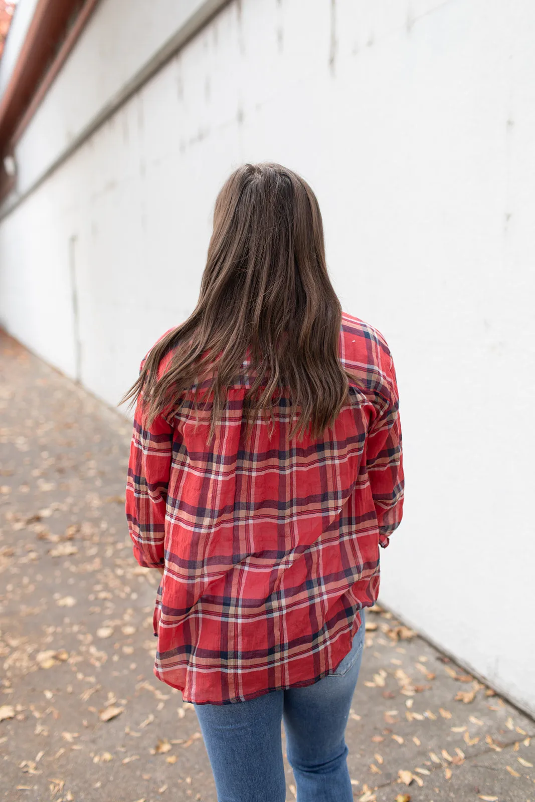 Red Plaid Oversized Crinkle Button Up LS