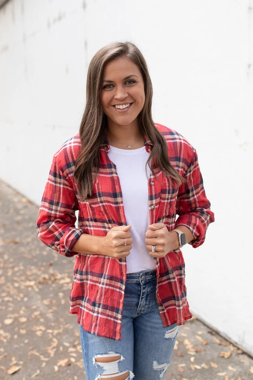 Red Plaid Oversized Crinkle Button Up LS