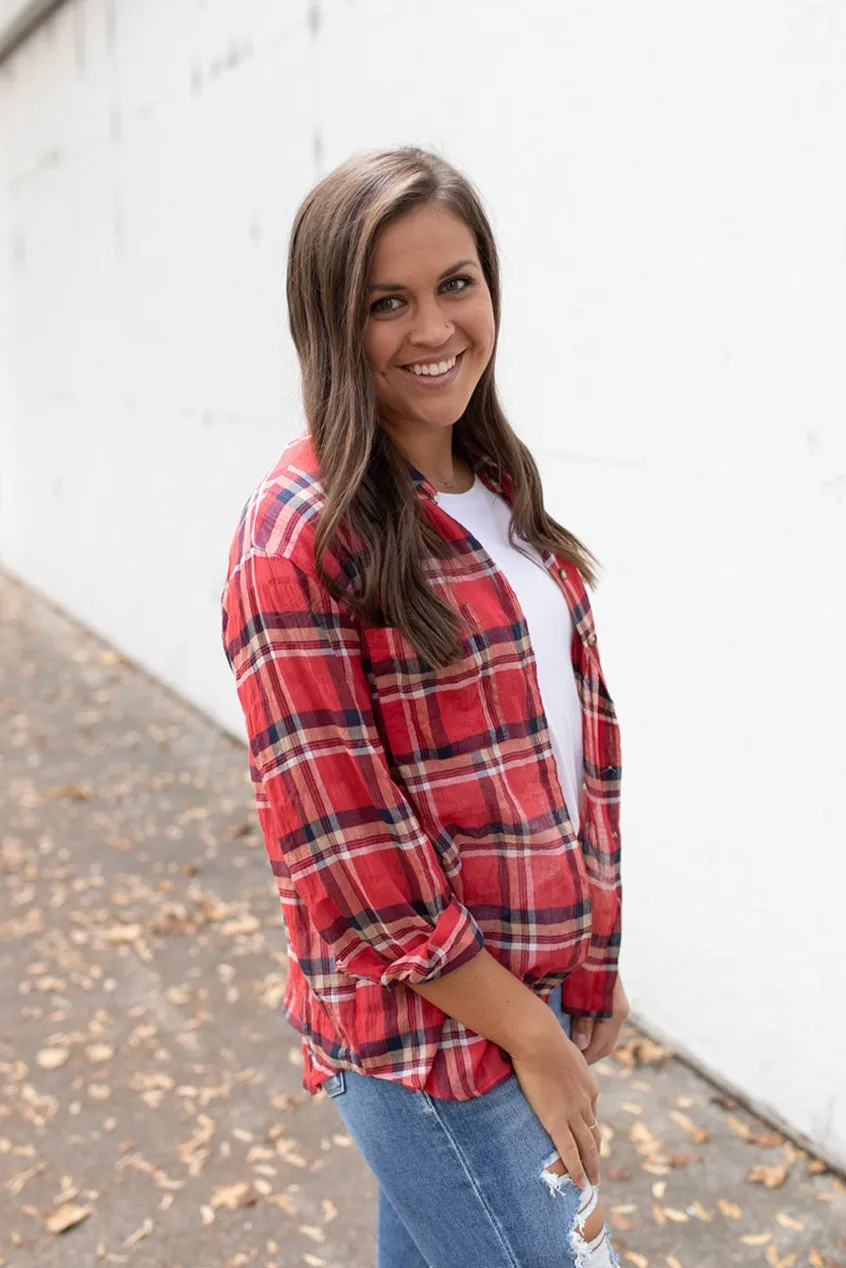 Red Plaid Oversized Crinkle Button Up LS