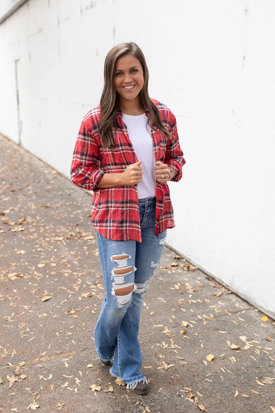 Red Plaid Oversized Crinkle Button Up LS