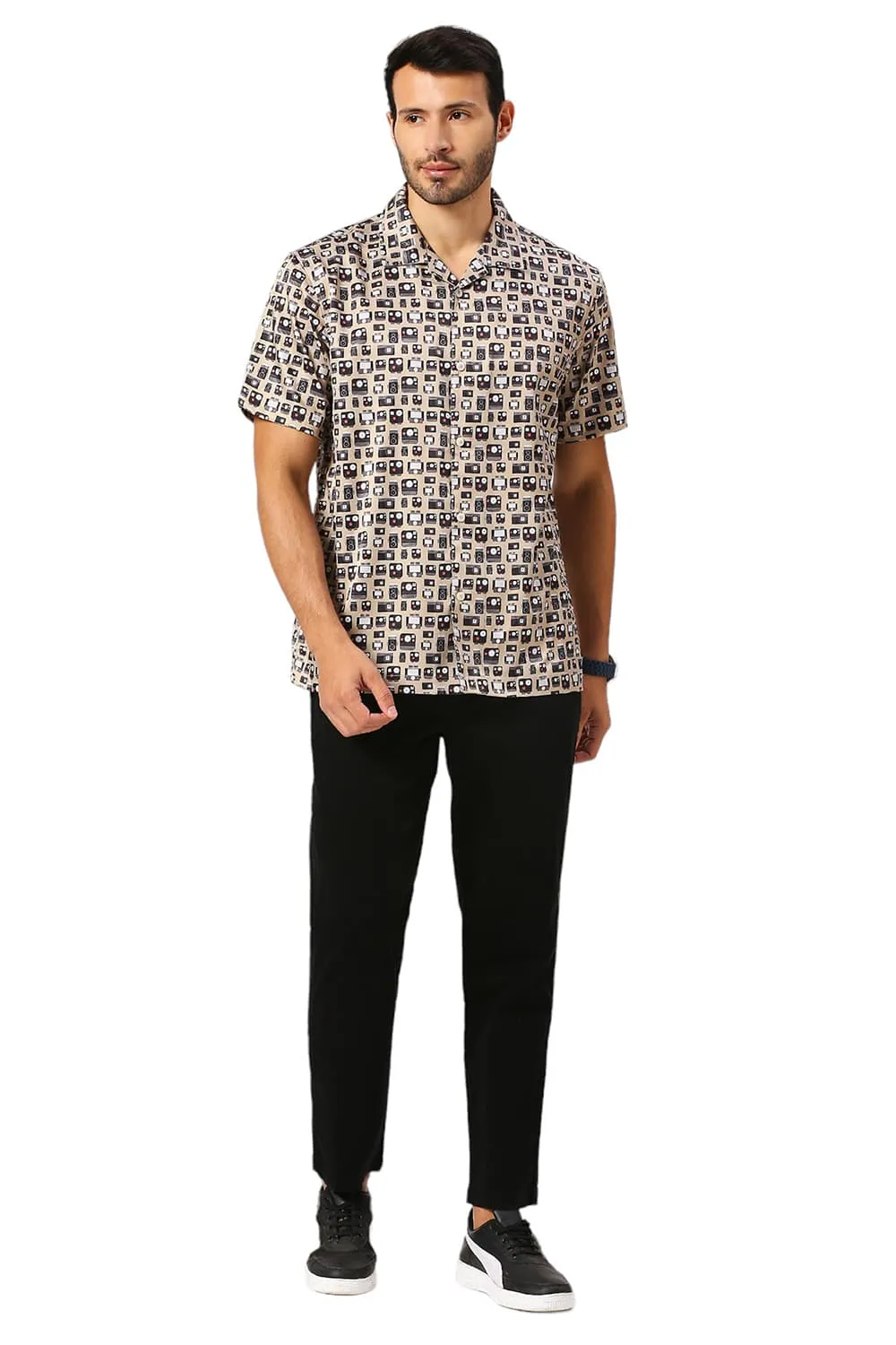 Relaxed Fit Polyester Stretch Twill Printed Halfsleeves Shirt