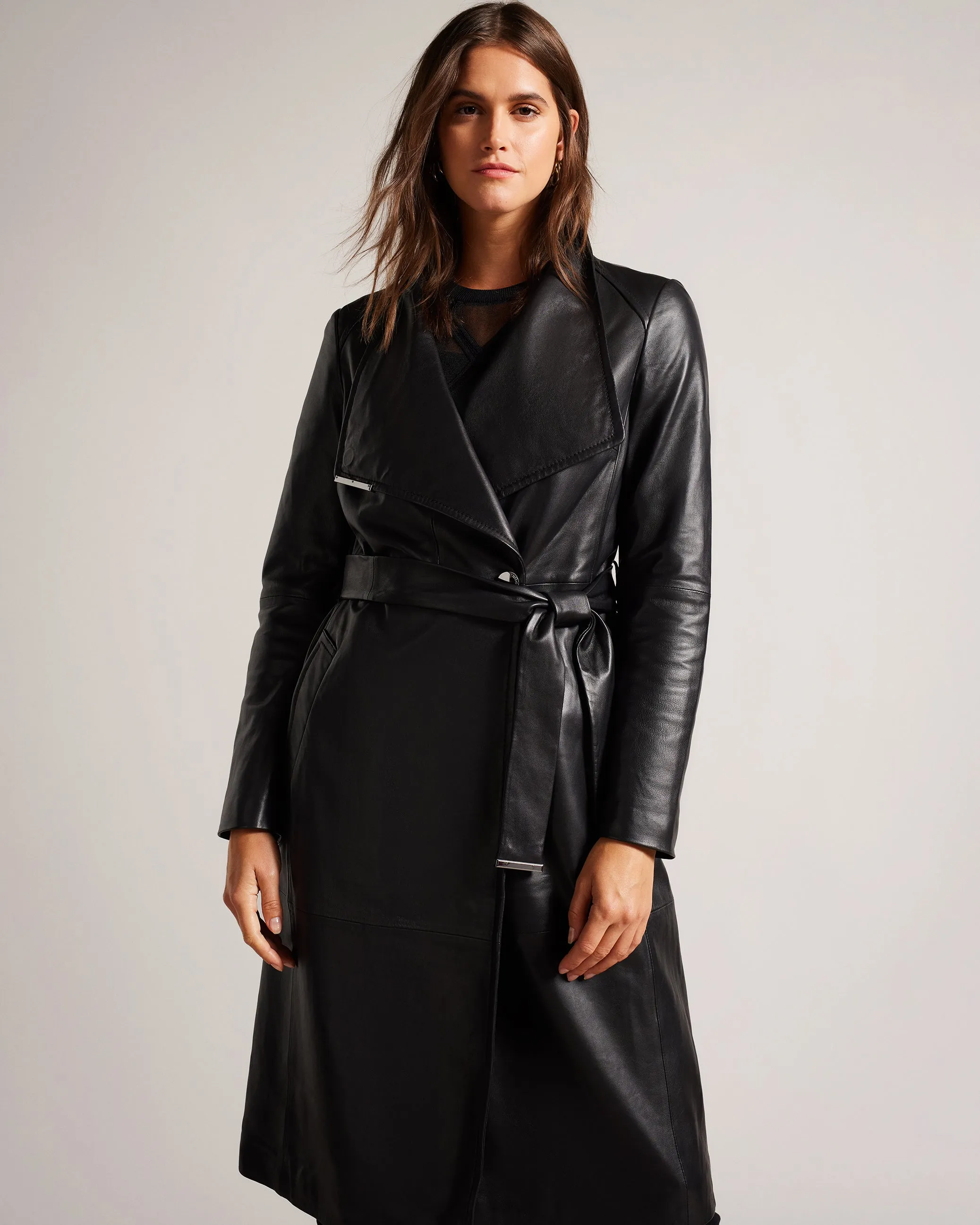 Rossii Mid Length Leather Wrap Coat Black