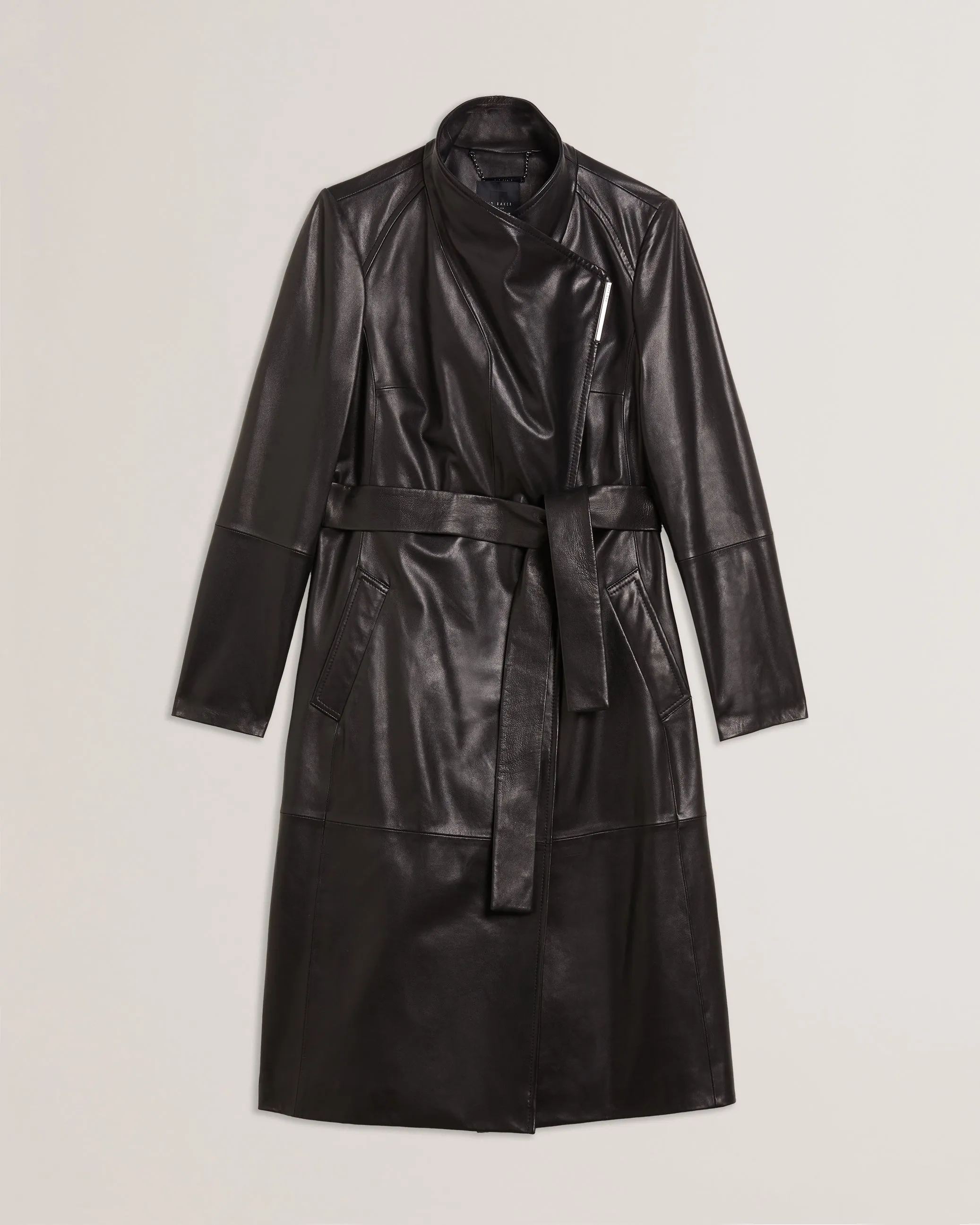 Rossii Mid Length Leather Wrap Coat Black