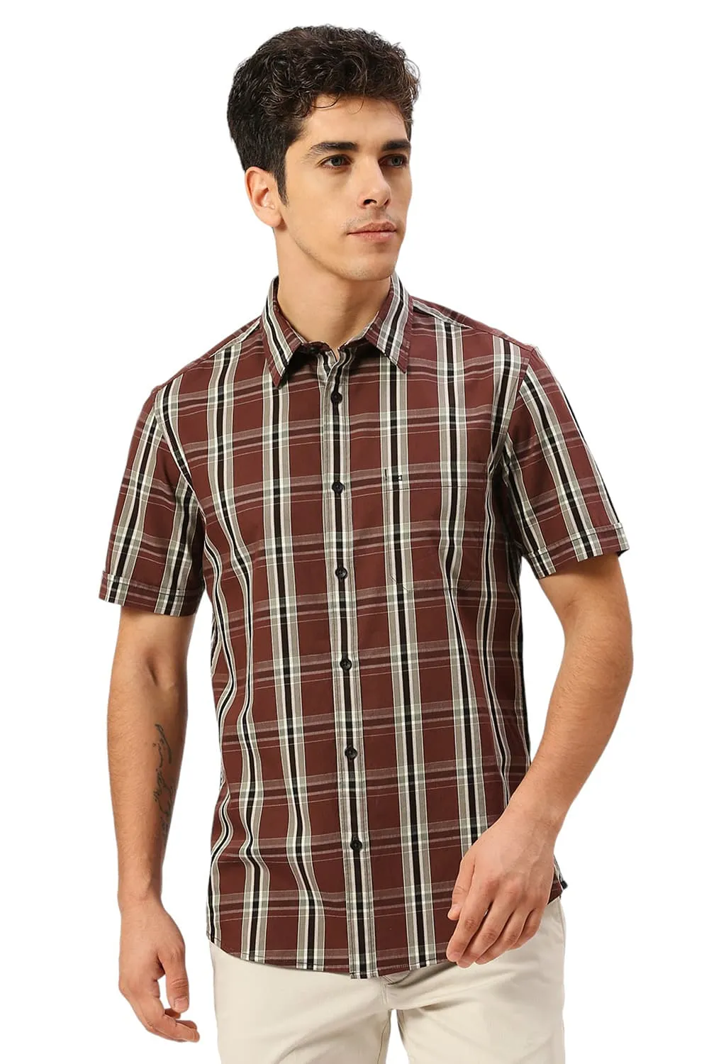 Slim Fit Cotton Cavalry Twill Checks Halfsleeves Shirt