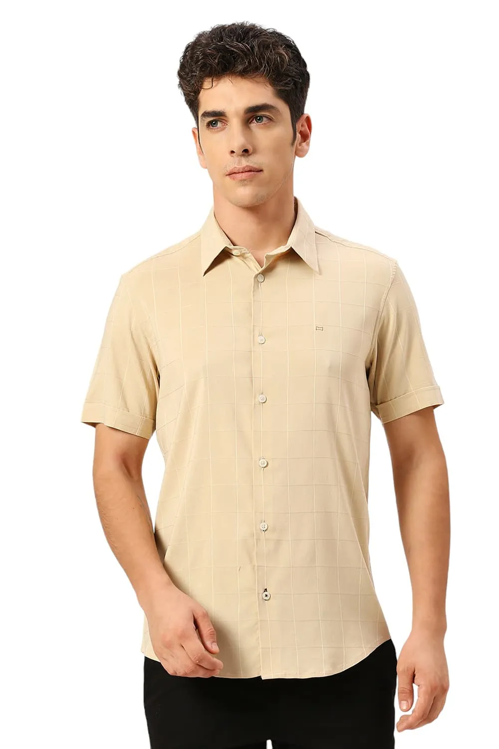 Slim Fit Viscose Polyester Stretch Dobby Checks Halfsleeves Shirt