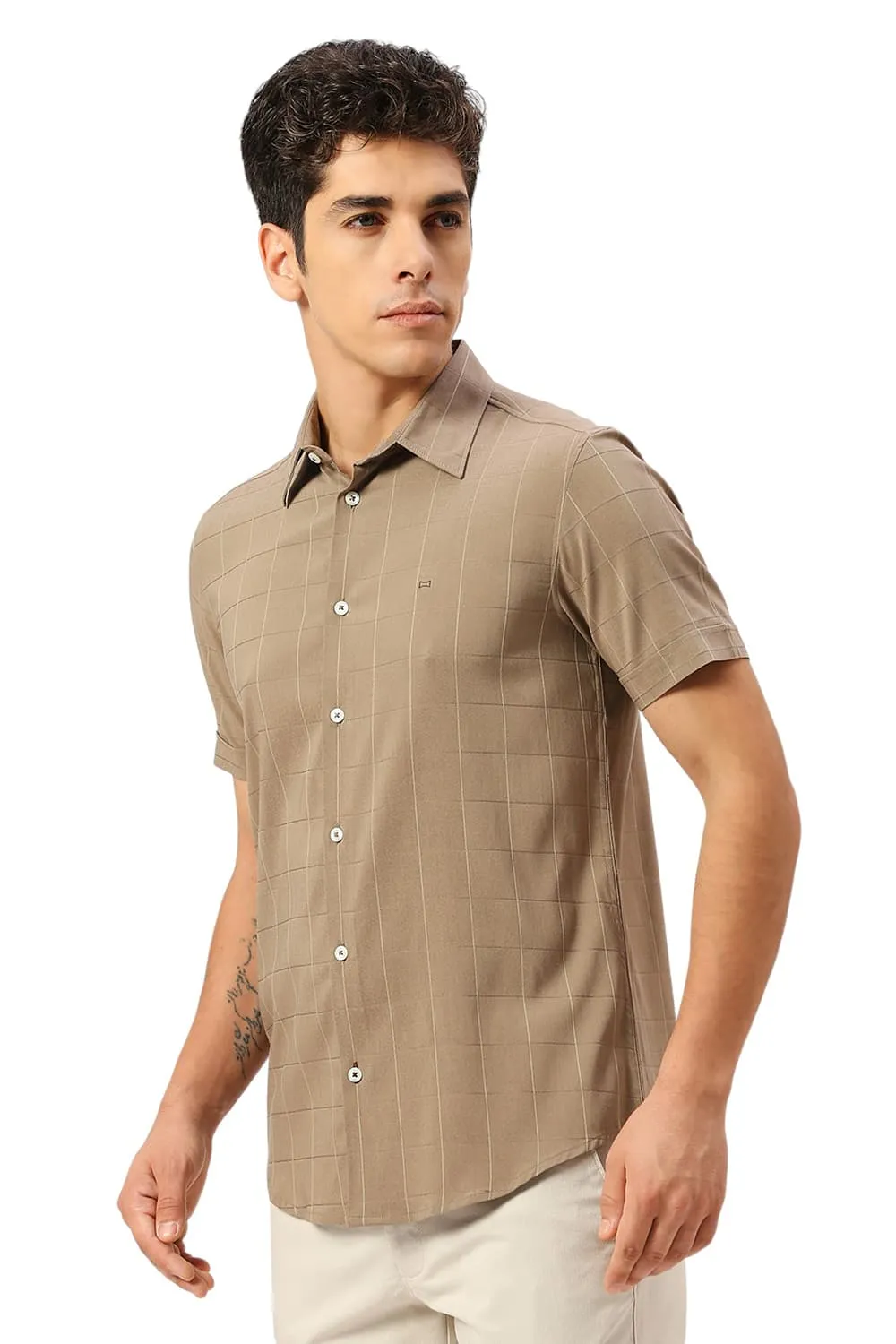 Slim Fit Viscose Polyester Stretch Dobby Checks Halfsleeves Shirt