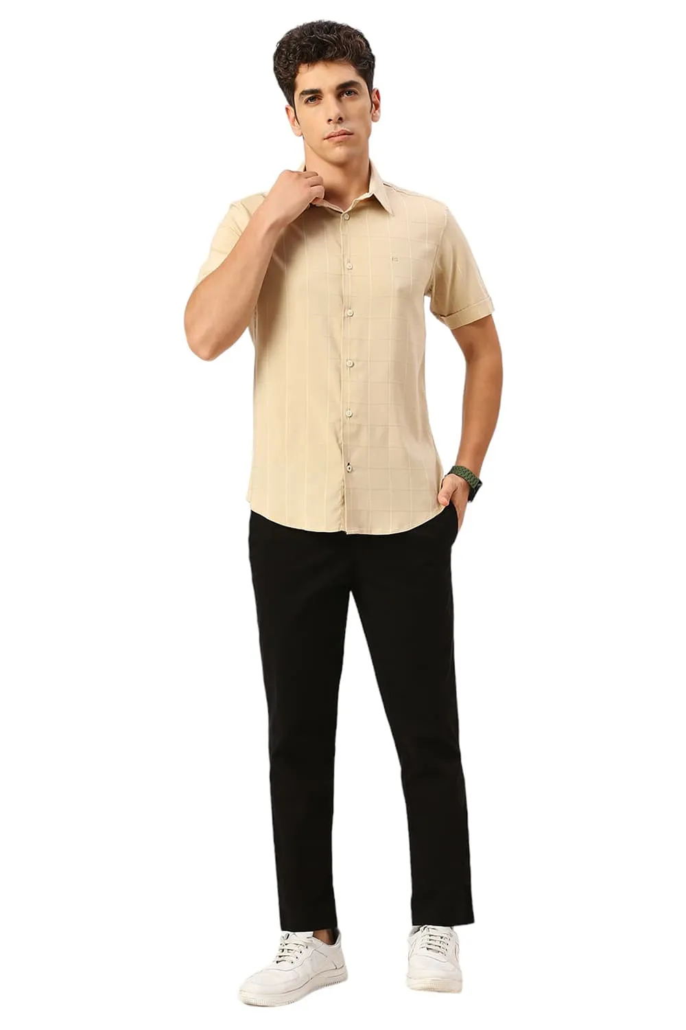 Slim Fit Viscose Polyester Stretch Dobby Checks Halfsleeves Shirt