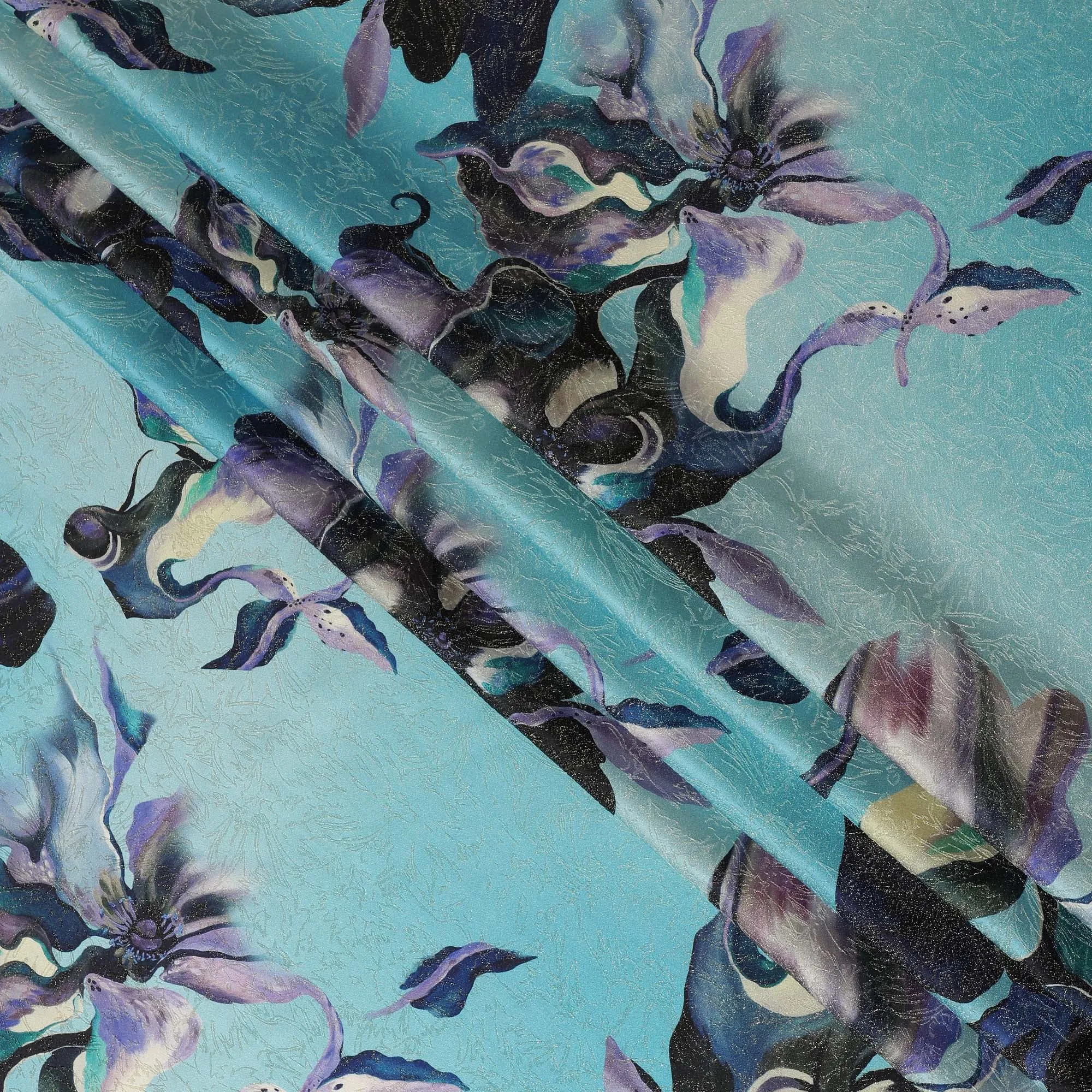 South Korean Silk Satin Fabric with Abstract Floral and Metallic Accents on Aqua Blue Background – 150 cm Width-D20335