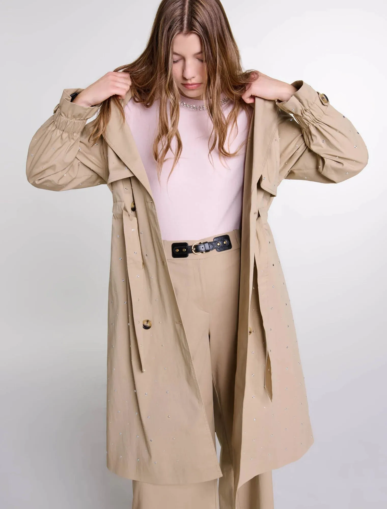 Studded elastic waist trench coat