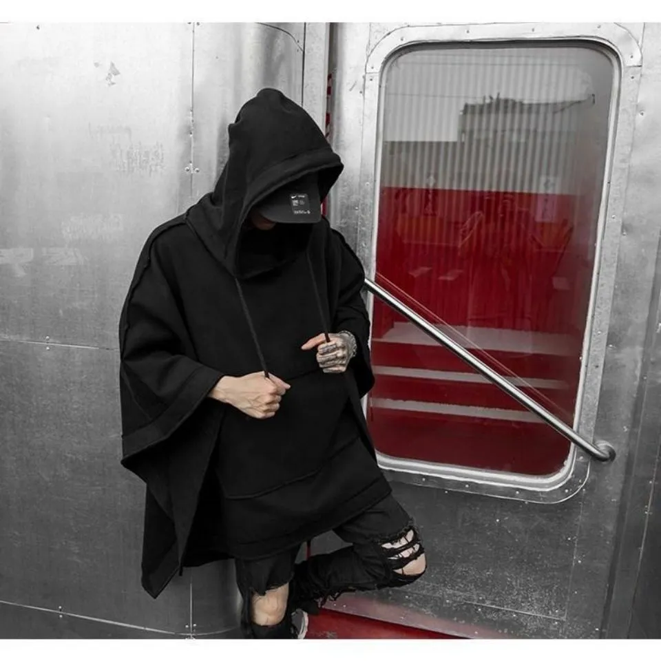 Techwear Black Oversized Hoodies Sweatshirt Baggy Trench Coat Anorak Men Goth Punk Japanese Streetwear Hip Hop Gothic